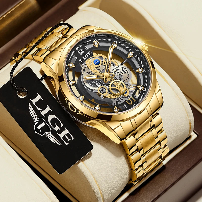 2026 LIGE Men Watch Skeleton Automatic Quartz Watch Gold Skeleton Vintage Man Watch Mens Watches Top Brand Luxury часы мужские