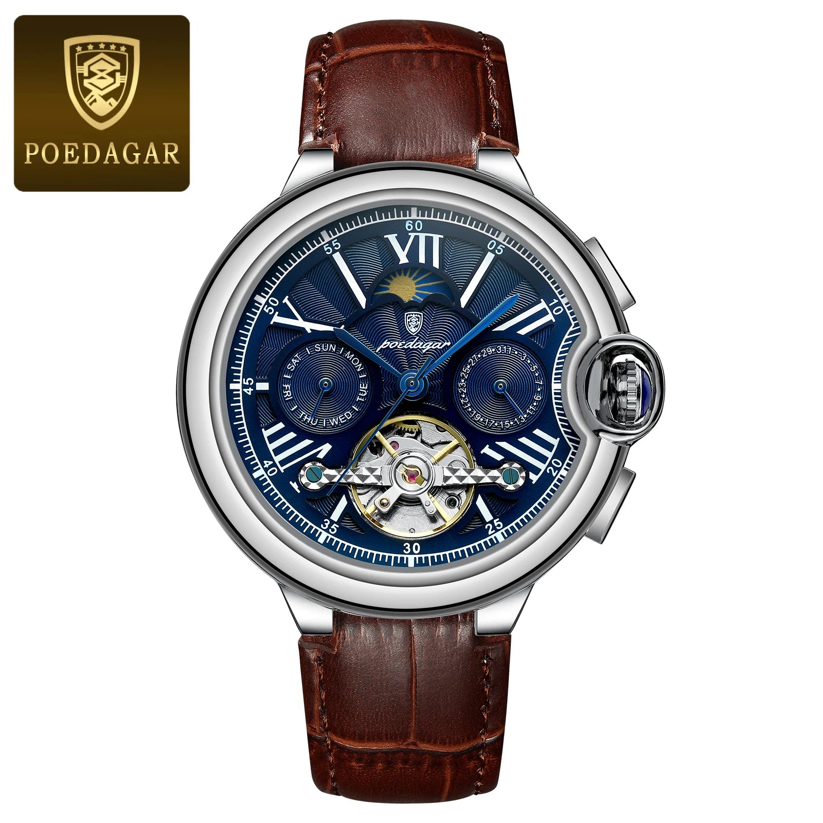 POEDAGAR Luxury Man Watch Tourbillon Date Week Stainless Steel Men Watch Waterproof Automatic Mechanical Military Men's Watches