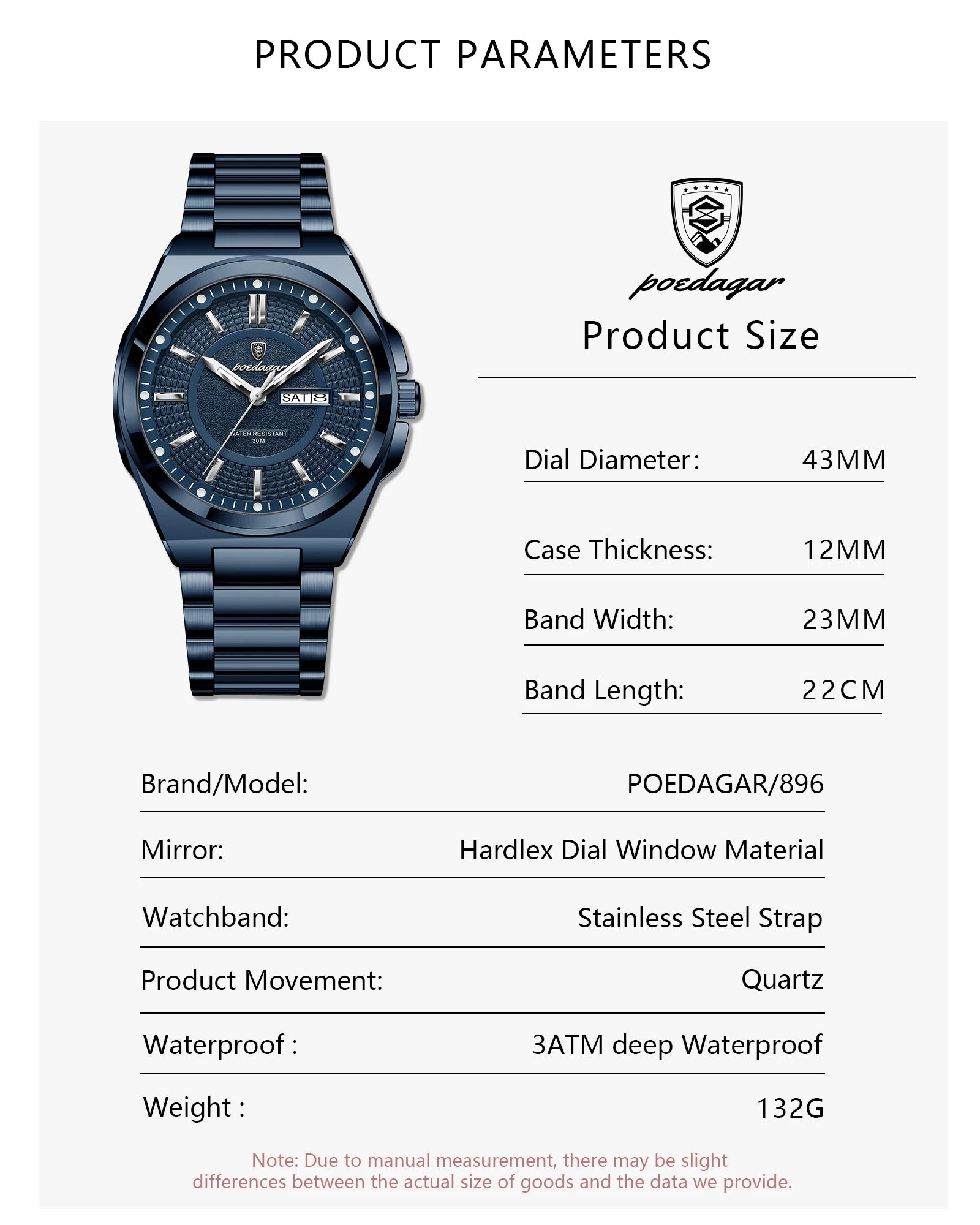 POEDAGAR Sport Original Men Clock Quartz Date Week Luxury Man Wristwatch Waterproof Luminous Stainless Steel Men's Watches Reloj