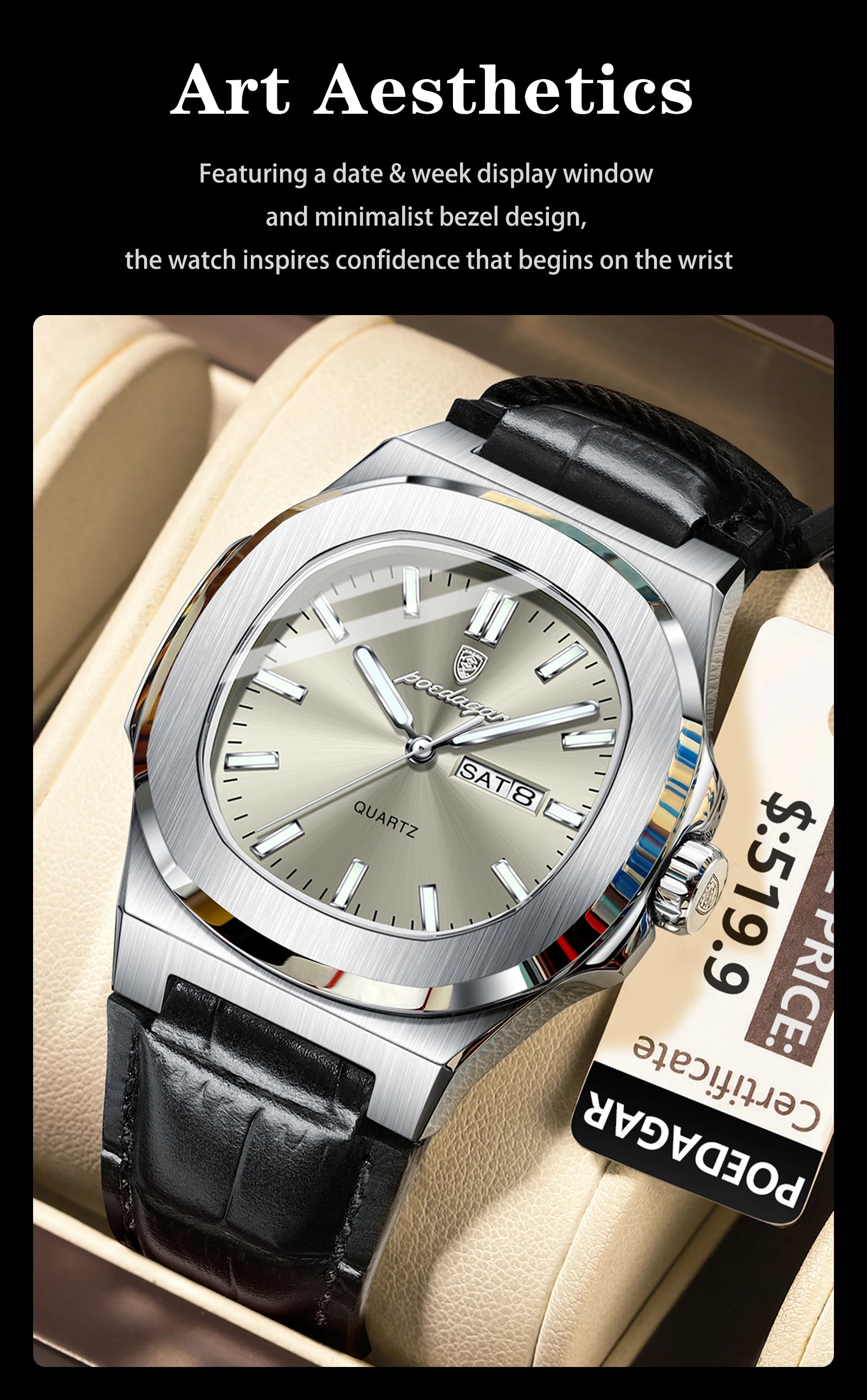 POEDAGAR High Quality Watch For Men Luxury Luminous Waterproof Week Calendar Man Clock Leather Square Men's Quartz Watches Reloj