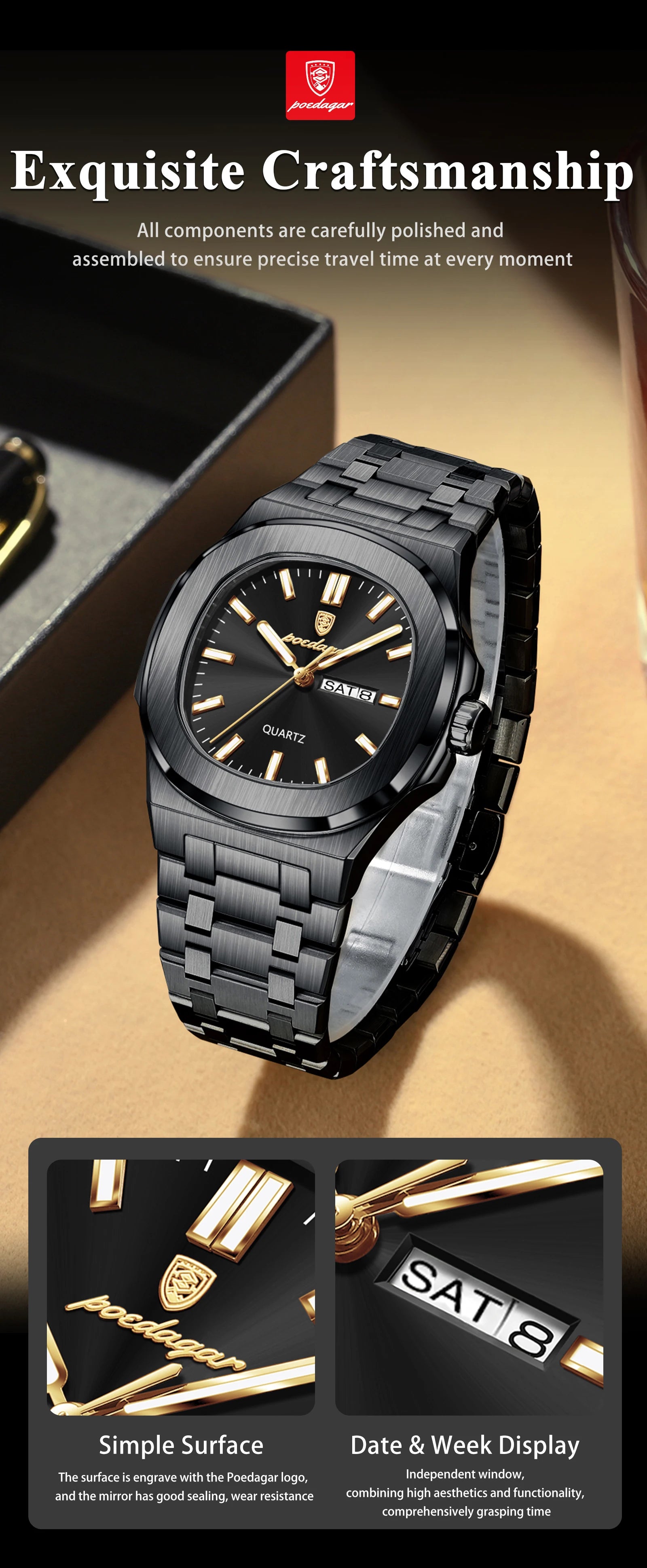 POEDAGAR Luxury Square Men's Watches Waterproof Luminous Date Week Men Watch Stainless Steel Fashion Quartz Man Wristwatch Reloj