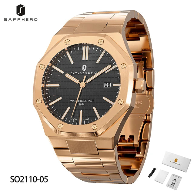 SAPPHERO Men's Watch, Stainless Steel Strap, Water-Resistant Design, Automatic Calendar, Festive Gifts, Exquisite Gift Box Clock