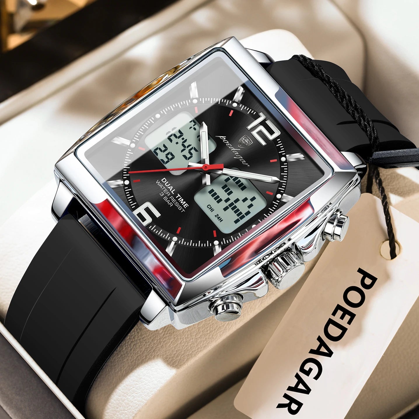 POEDAGAR Luxury Top Man Watch Electronic Square LED Alarm Chronograph Men's Watches Week Date Dual Time Display Men Quartz Clock