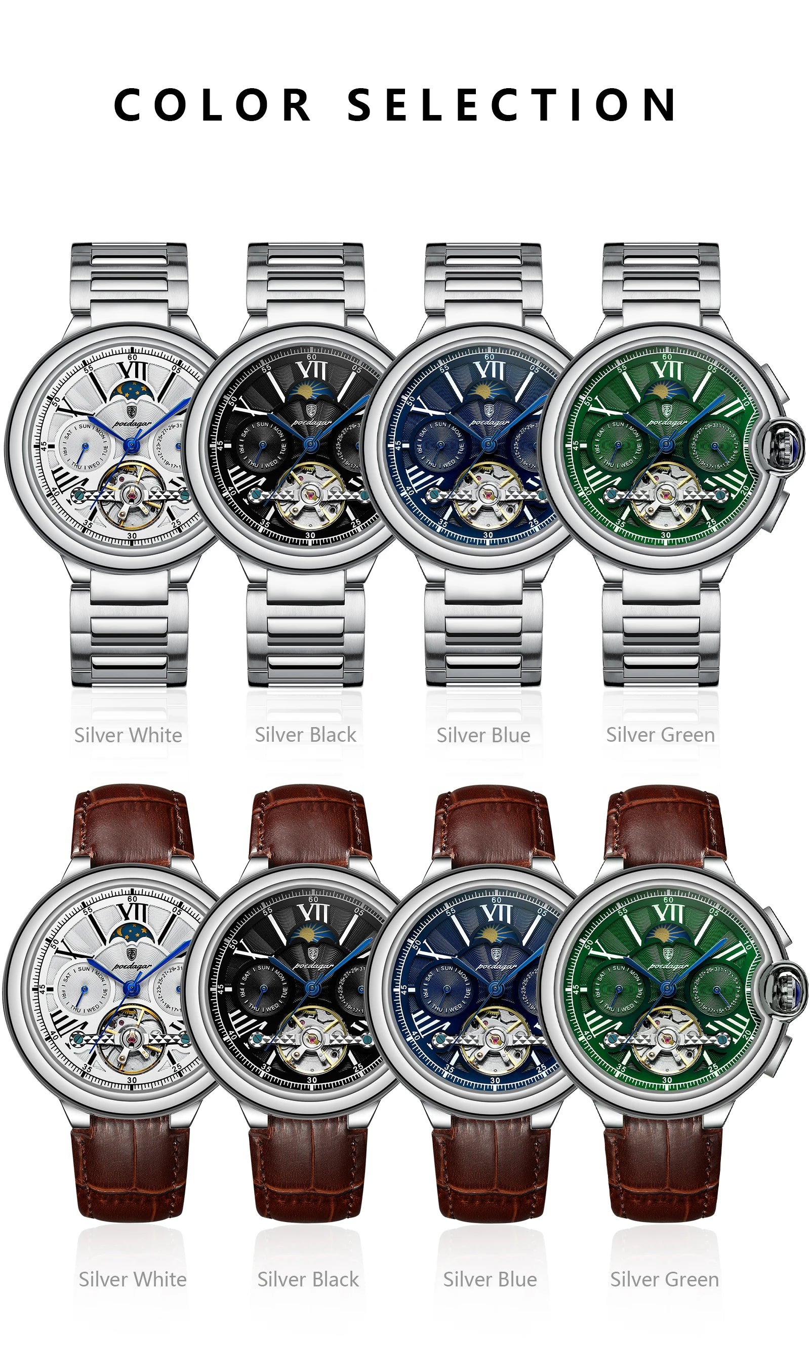 POEDAGAR Luxury Man Watch Tourbillon Date Week Stainless Steel Men Watch Waterproof Automatic Mechanical Military Men's Watches