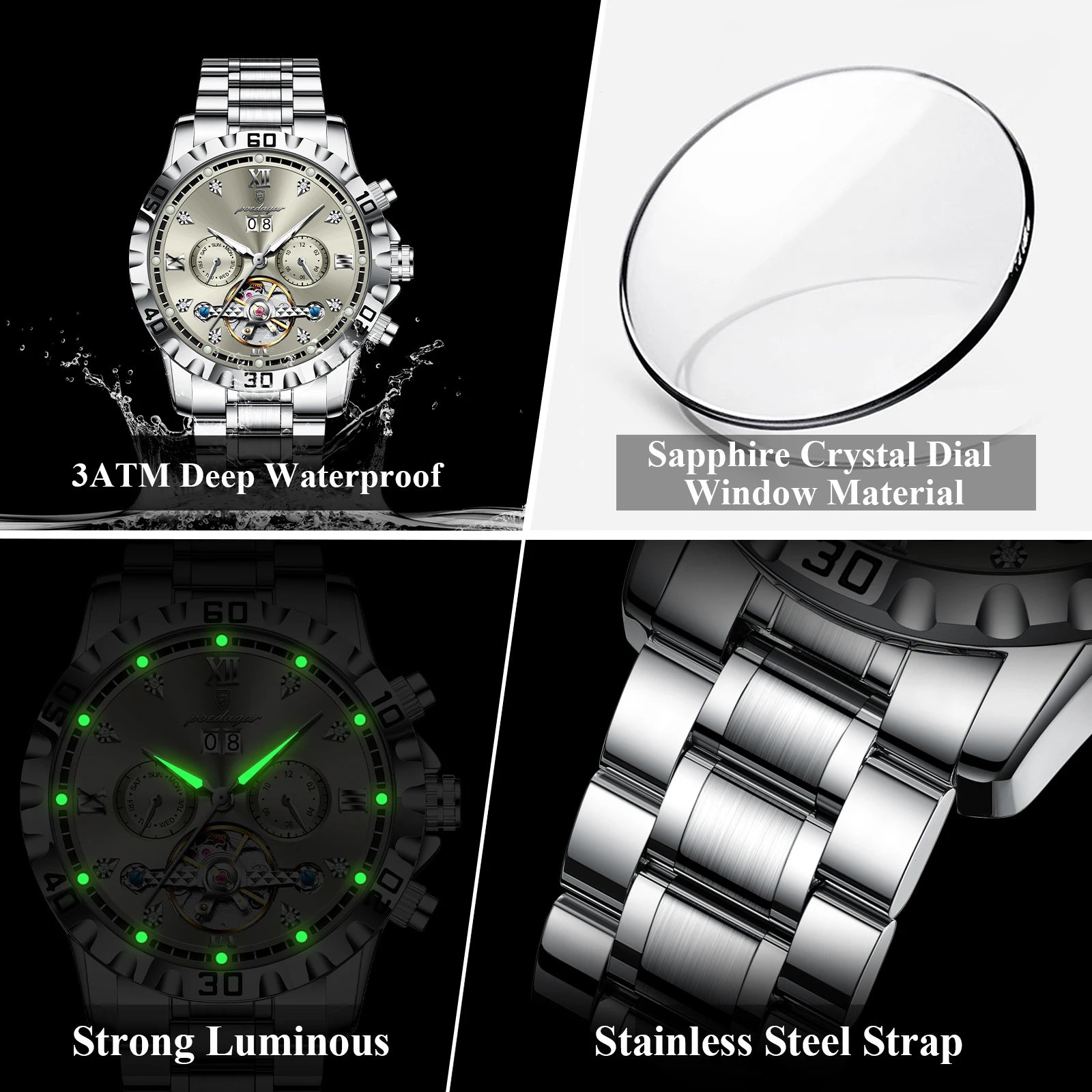 POEDAGAR Top Luxury Men Watch Automatic Date Week Man Wristwatch Hollow Tourbillon Mechanical Stainless Steel Men's Watches Male