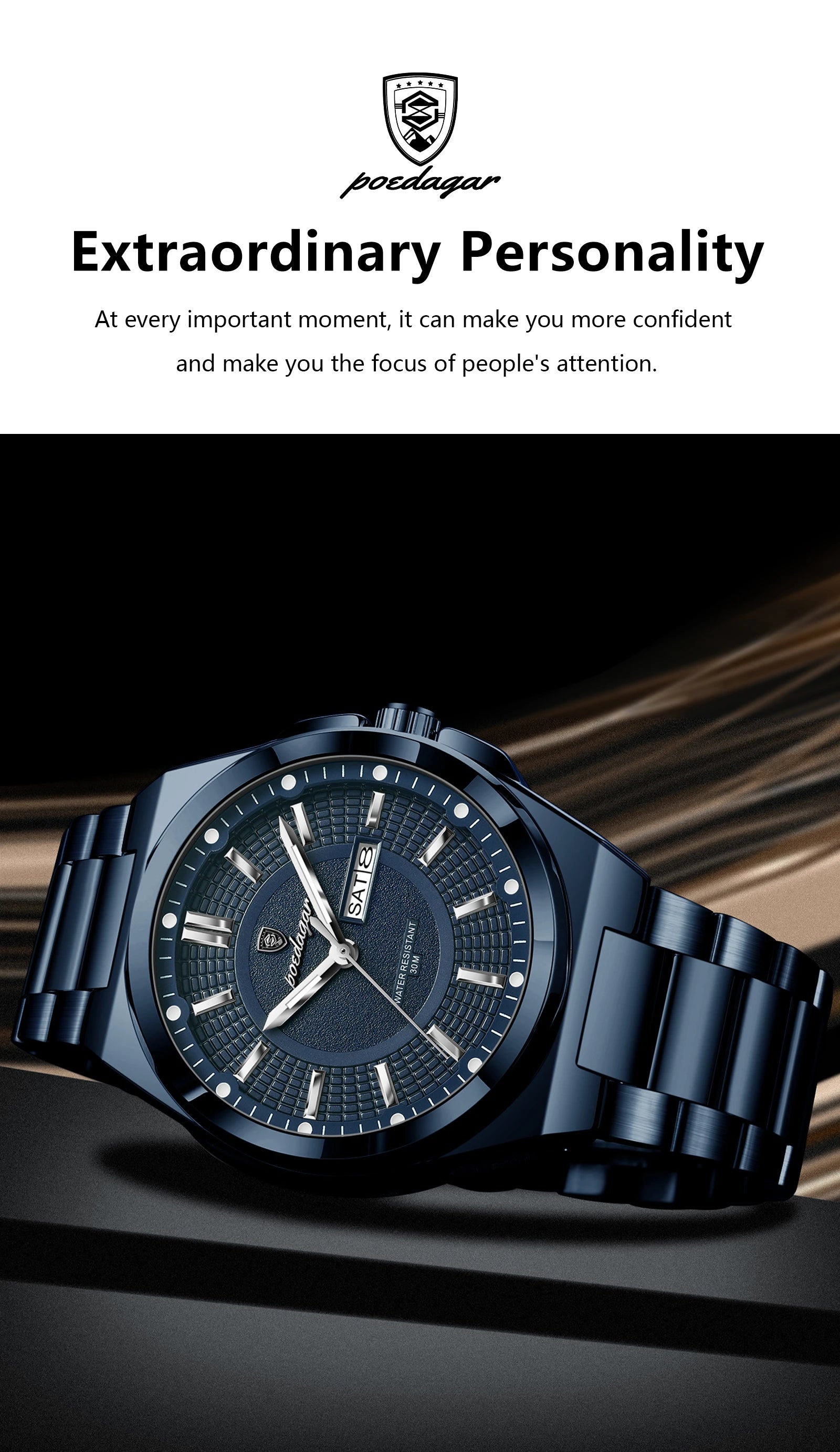 POEDAGAR Sport Original Men Clock Quartz Date Week Luxury Man Wristwatch Waterproof Luminous Stainless Steel Men's Watches Reloj