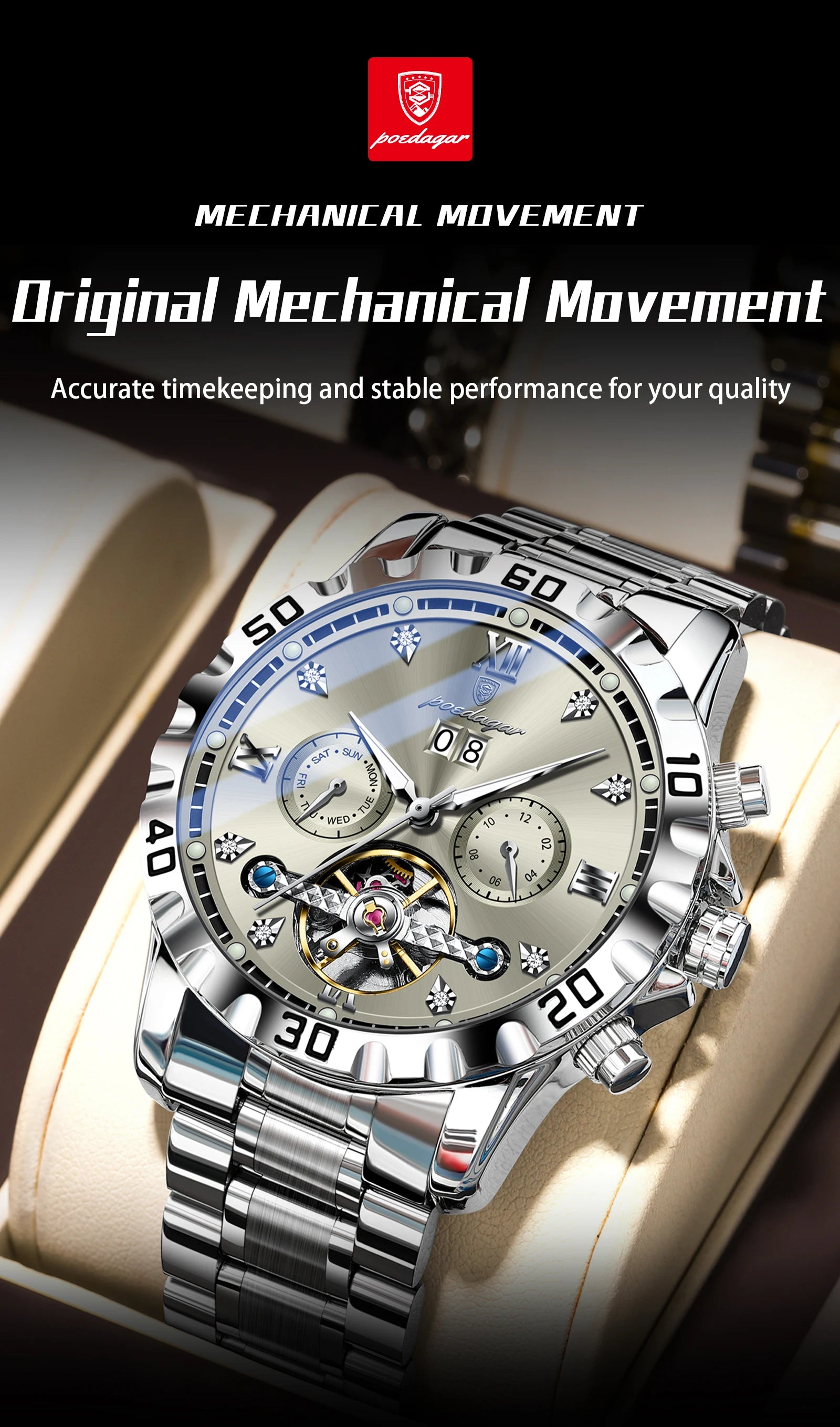 POEDAGAR Top Luxury Men Watch Automatic Date Week Man Wristwatch Hollow Tourbillon Mechanical Stainless Steel Men's Watches Male