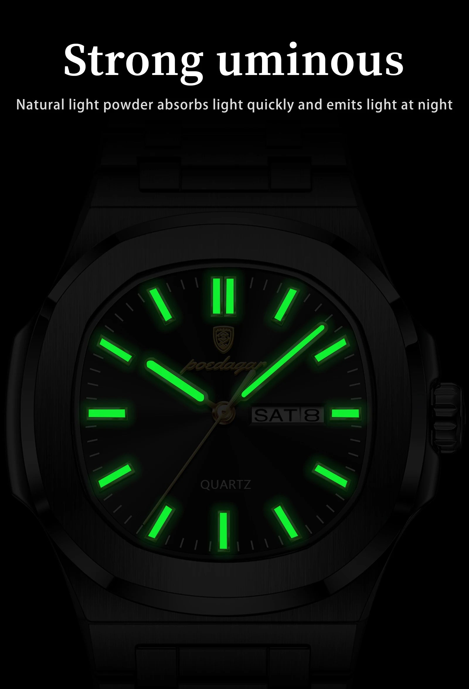 POEDAGAR Luxury Square Men's Watches Waterproof Luminous Date Week Men Watch Stainless Steel Fashion Quartz Man Wristwatch Reloj