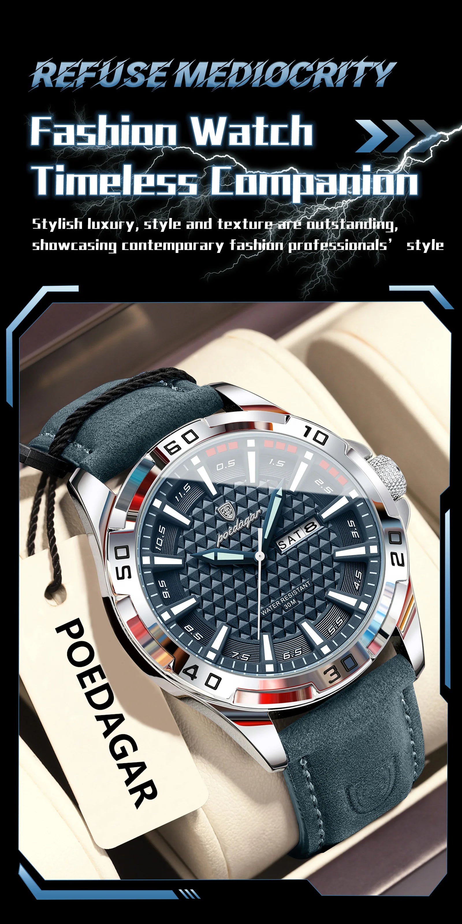 POEDAGAR Original Men Watch Luxury Waterproof Luminous Date Week Watch For Man Quartz Leather Fashion Men's Watches Reloj Hombre