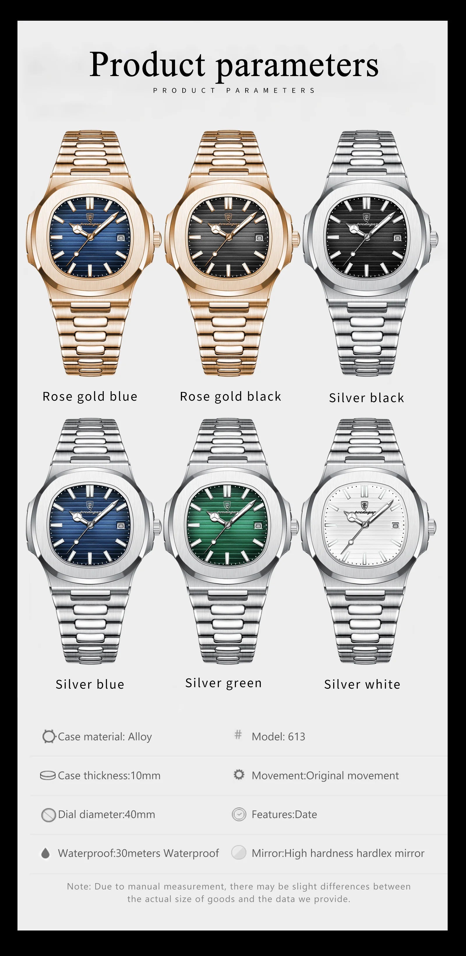 POEDAGAR Fashion Square Male Quartz Watch Waterproof Luminous Date Stainless Steel Man Watch Business Luxury Men's Watches Reloj