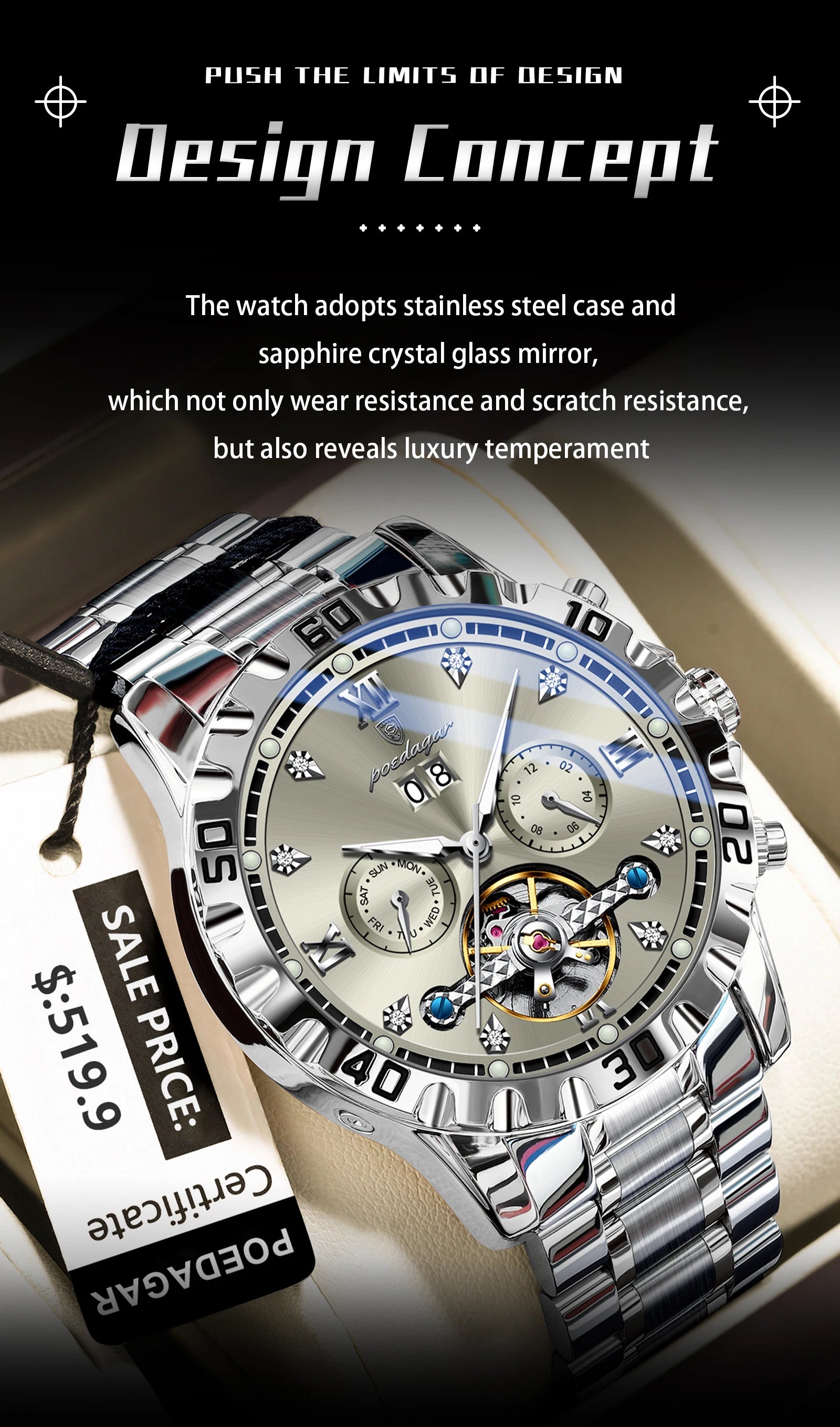 POEDAGAR Top Luxury Men Watch Automatic Date Week Man Wristwatch Hollow Tourbillon Mechanical Stainless Steel Men's Watches Male