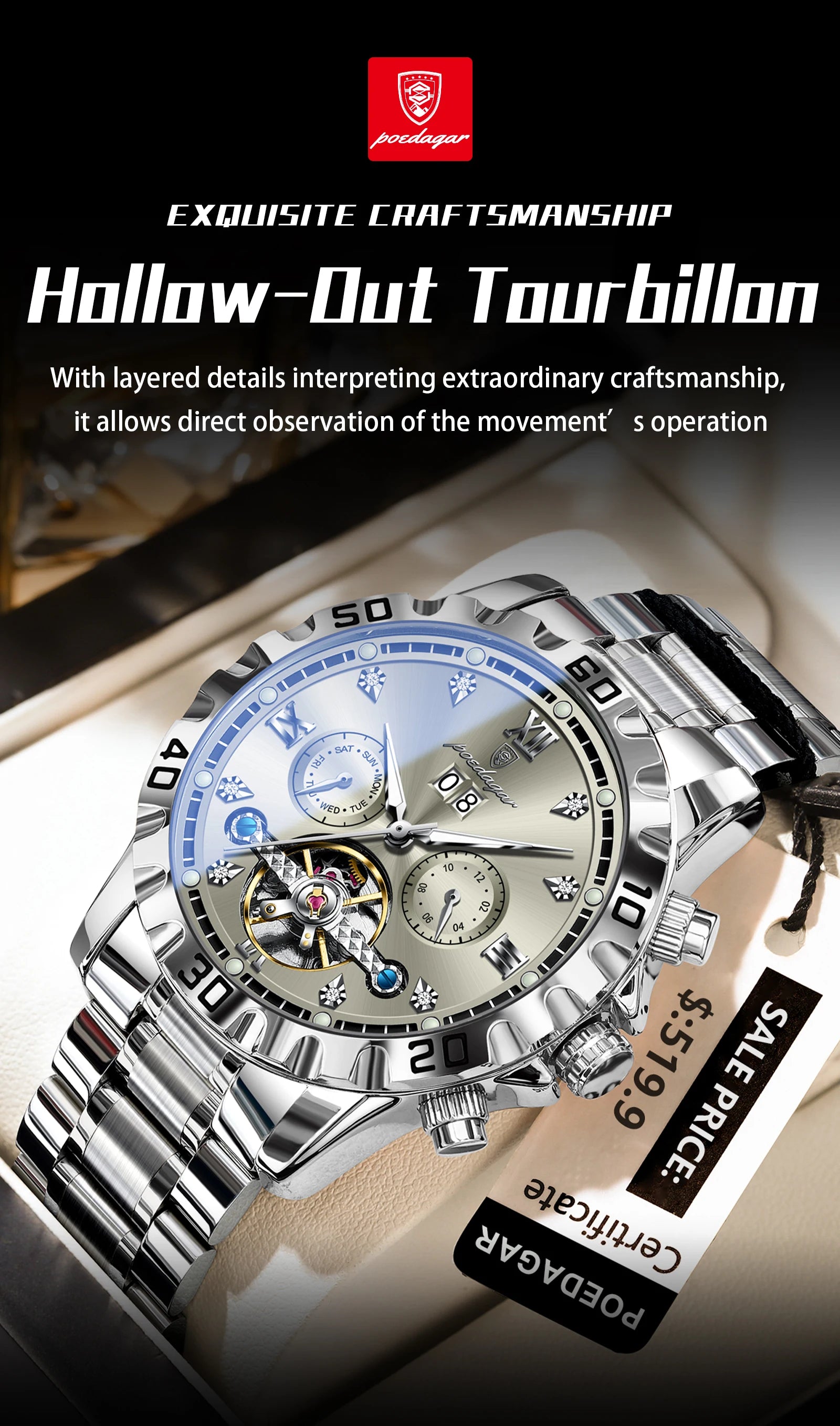 POEDAGAR Top Luxury Men Watch Automatic Date Week Man Wristwatch Hollow Tourbillon Mechanical Stainless Steel Men's Watches Male