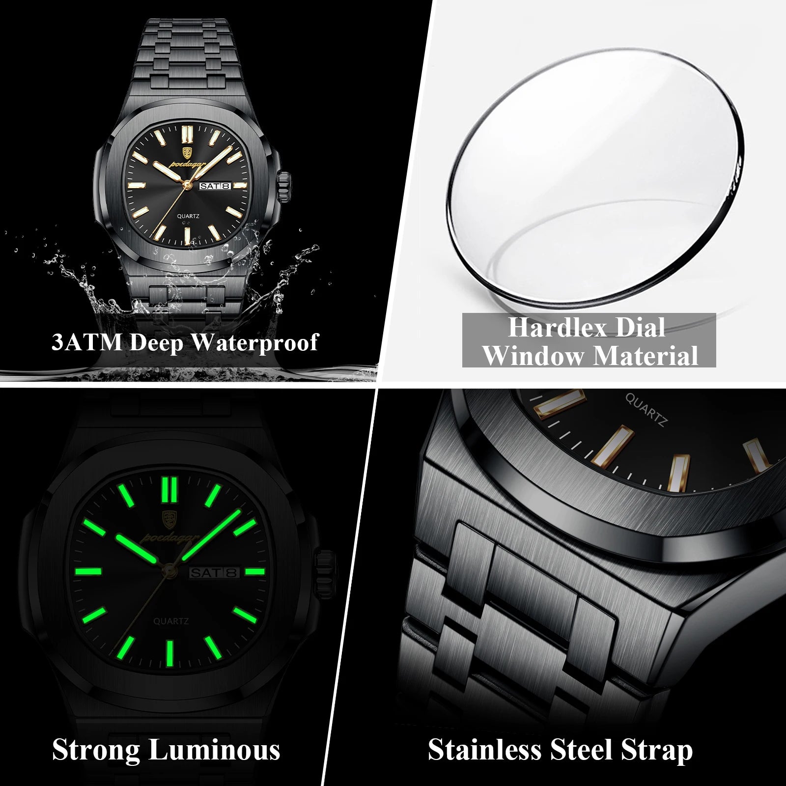 POEDAGAR Luxury Square Men's Watches Waterproof Luminous Date Week Men Watch Stainless Steel Fashion Quartz Man Wristwatch Reloj