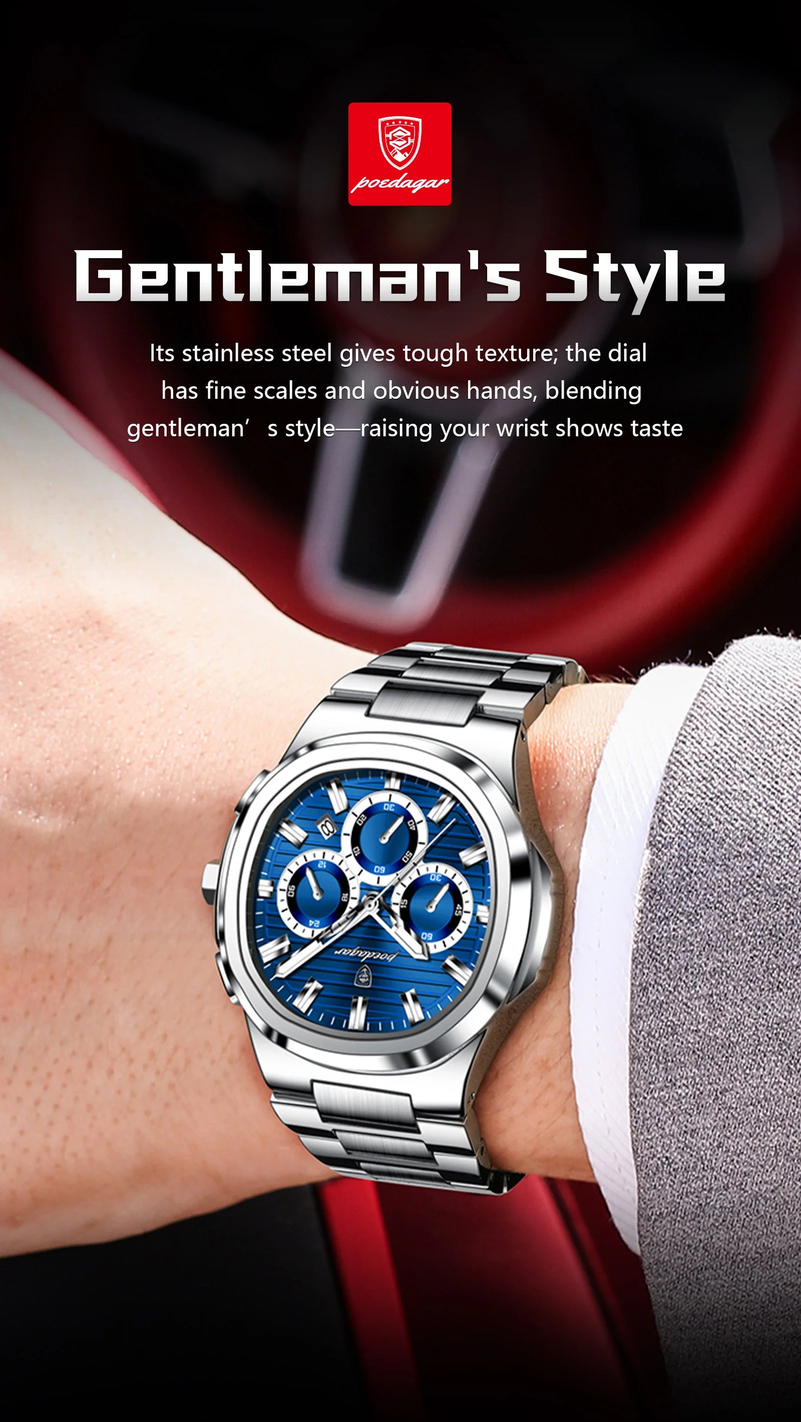 POEDAGAR Business Man Wristwatch Date Chronograph Waterproof Luminous Luxury Men Watch Stainless Steel Quartz Men's Watches Male