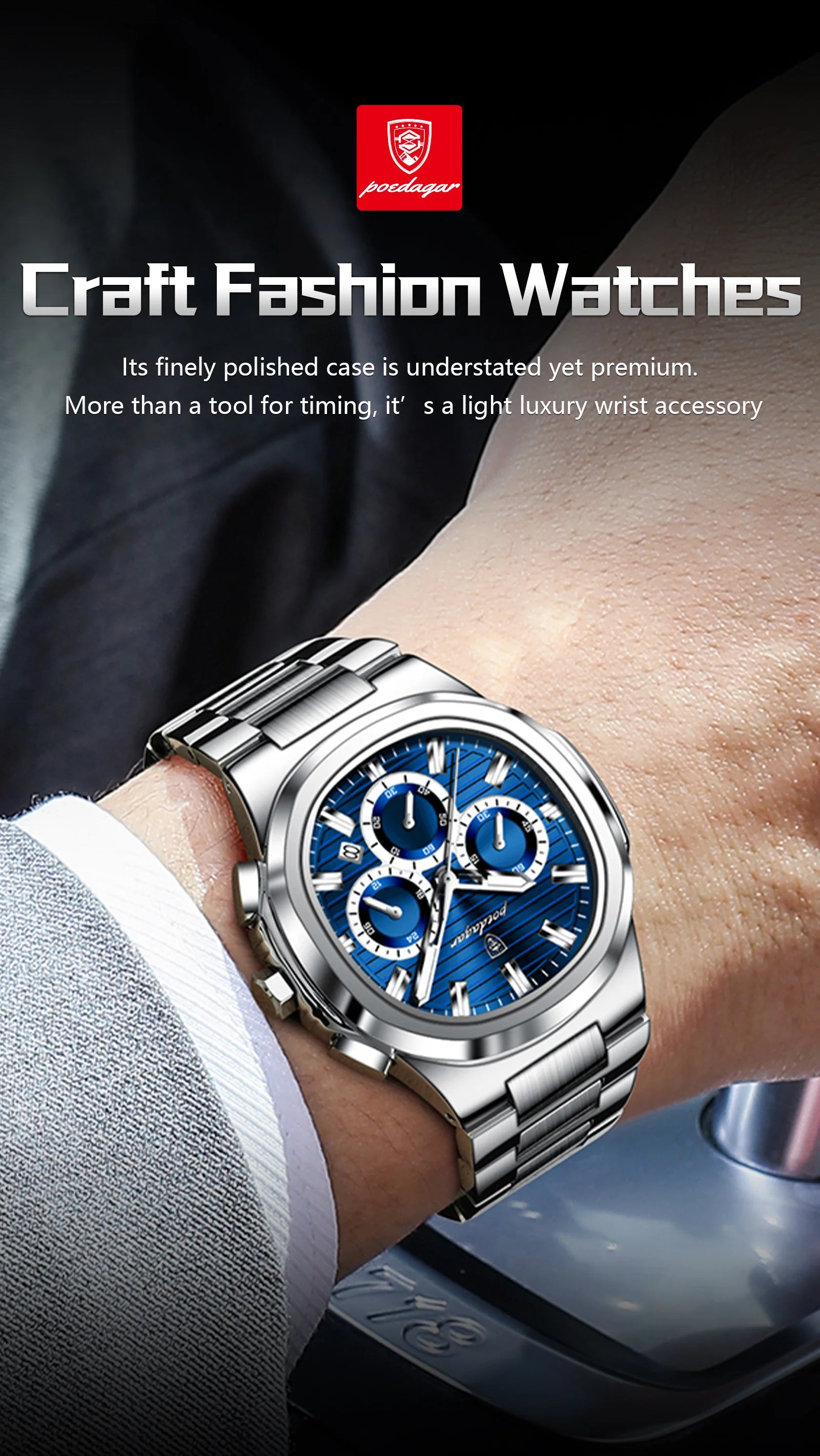 POEDAGAR Business Man Wristwatch Date Chronograph Waterproof Luminous Luxury Men Watch Stainless Steel Quartz Men's Watches Male