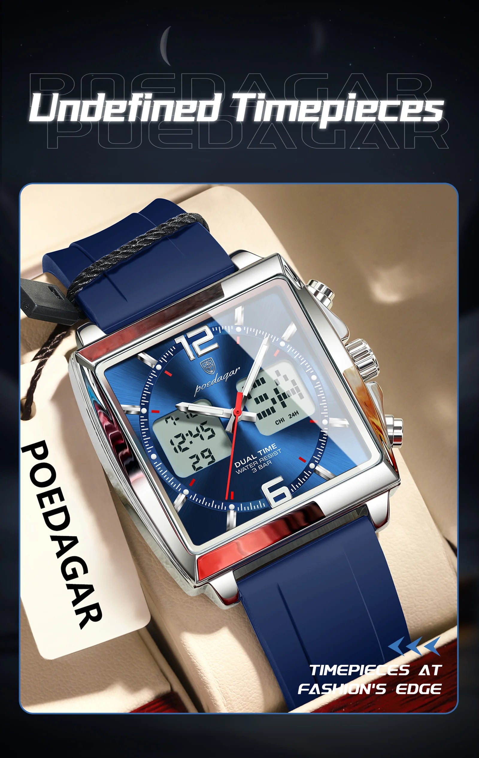 POEDAGAR Luxury Top Man Watch Electronic Square LED Alarm Chronograph Men's Watches Week Date Dual Time Display Men Quartz Clock