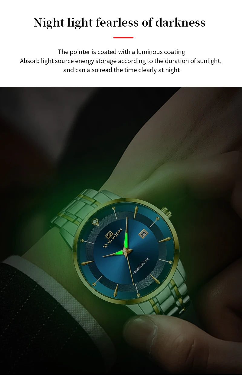 2024 New Men Watch Stainless Steel Business Style Luxury Rhinestone 43mm Blue Gold Quartz Movement Wristwatch Relogios Masculino