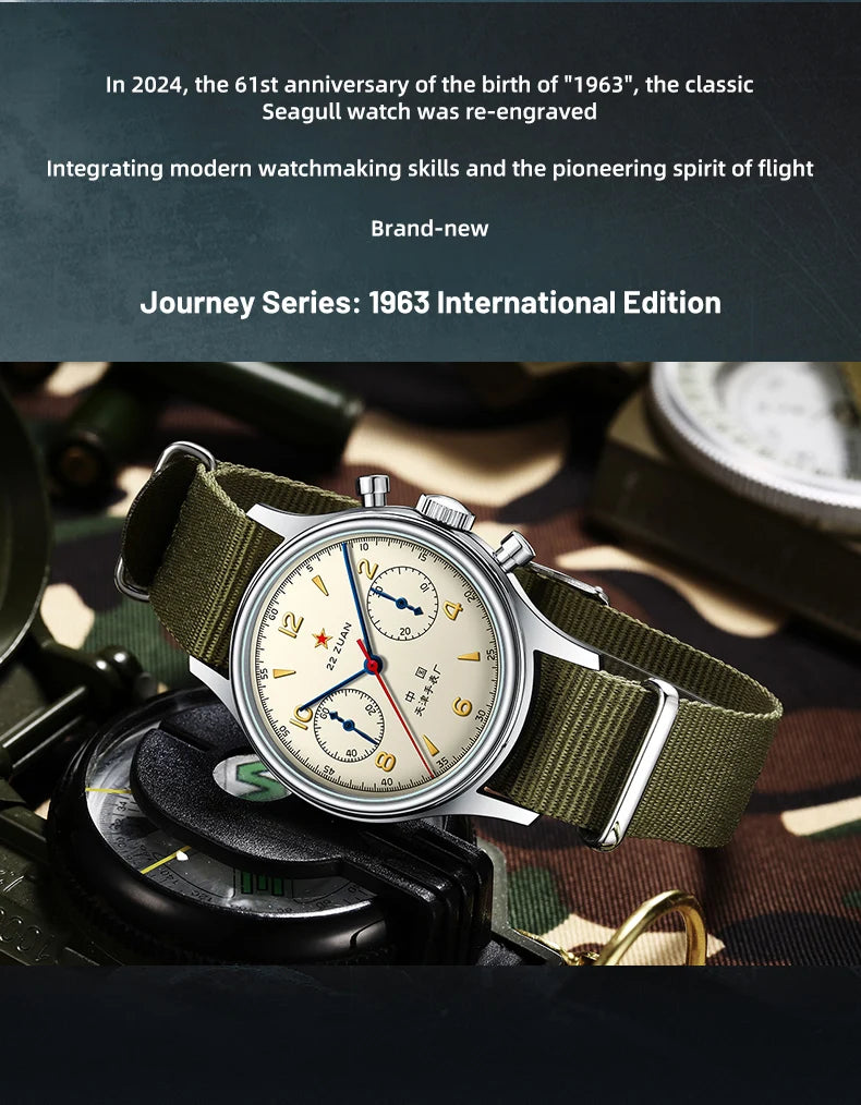 Seagull 1963 International Edition Men's Mechanical Watch Pilot Clock ST1901 Retro Chronograph Wristwatch Air Force Aviation New