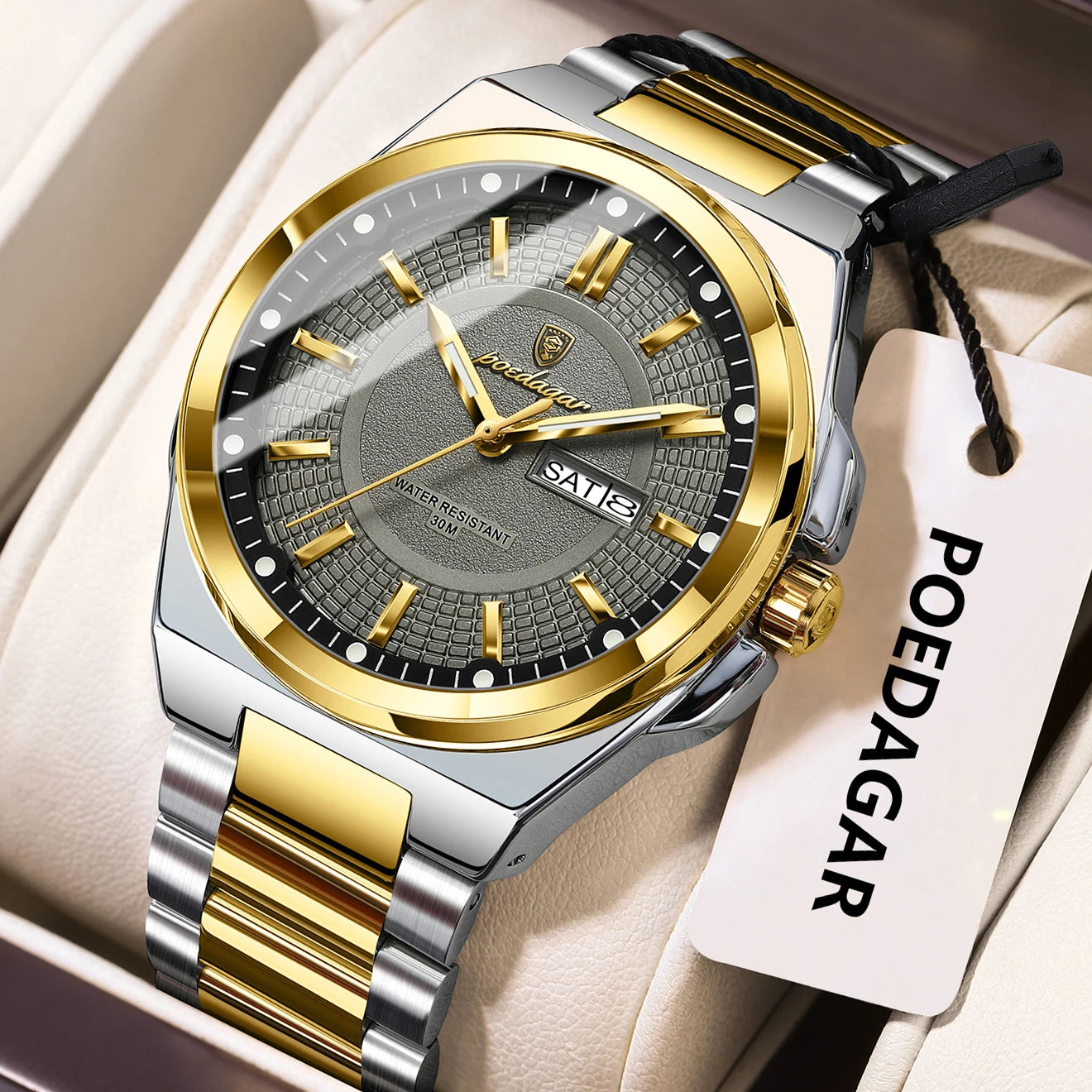 POEDAGAR Sport Original Men Clock Quartz Date Week Luxury Man Wristwatch Waterproof Luminous Stainless Steel Men's Watches Reloj