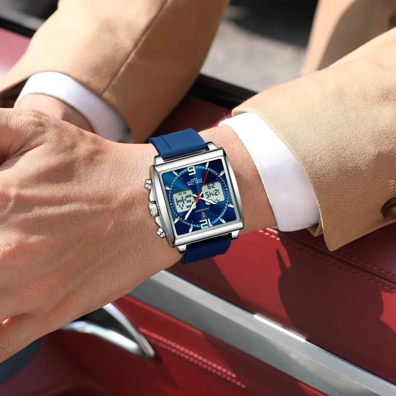 POEDAGAR Luxury Top Man Watch Electronic Square LED Alarm Chronograph Men's Watches Week Date Dual Time Display Men Quartz Clock