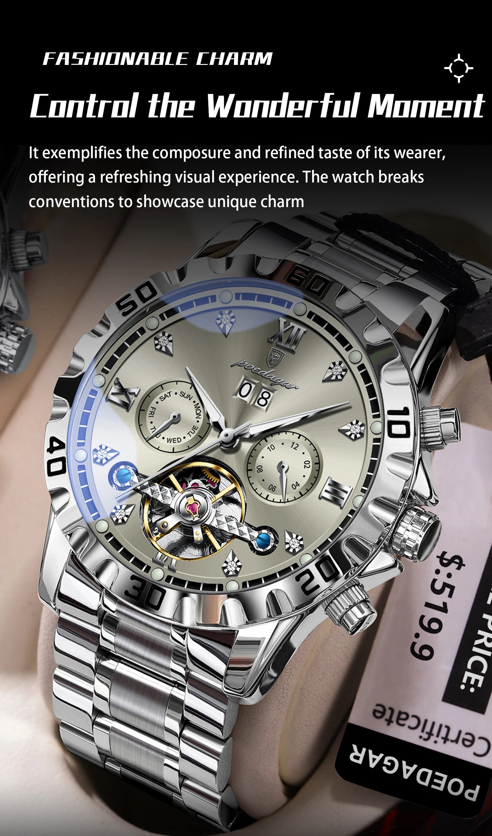 POEDAGAR Top Luxury Men Watch Automatic Date Week Man Wristwatch Hollow Tourbillon Mechanical Stainless Steel Men's Watches Male