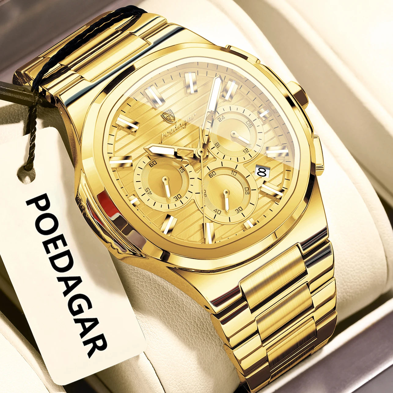 POEDAGAR Business Man Wristwatch Date Chronograph Waterproof Luminous Luxury Men Watch Stainless Steel Quartz Men's Watches Male