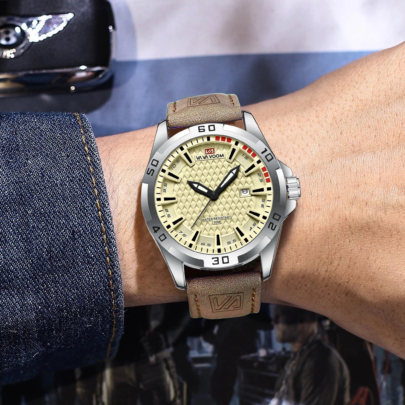 VA VA VOOM Men Casual Sport Military Quartz Calendar Wrist Watch for Man Business Leather Waterproof Male Clock Relogio Masculin