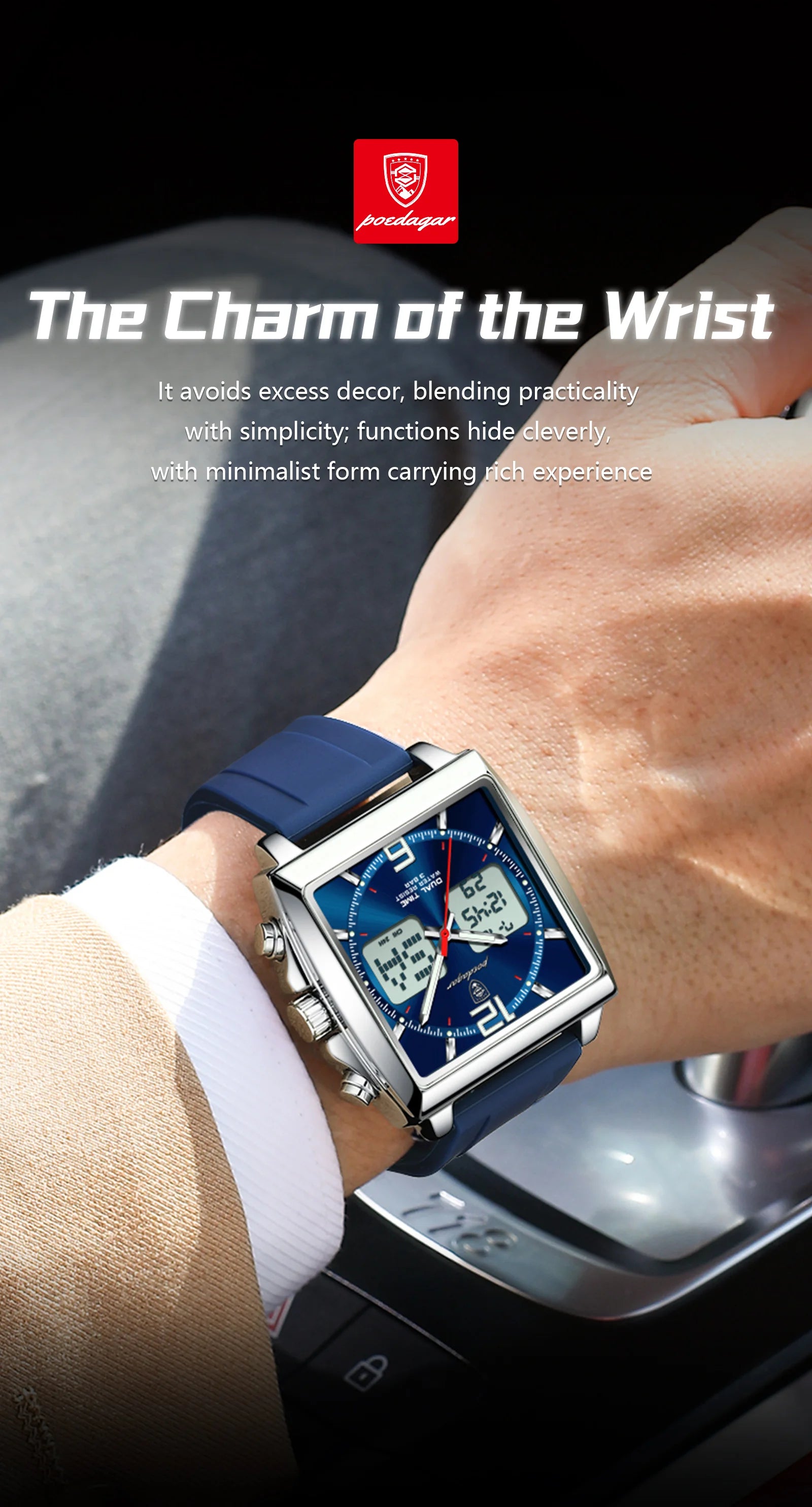 POEDAGAR Luxury Top Man Watch Electronic Square LED Alarm Chronograph Men's Watches Week Date Dual Time Display Men Quartz Clock