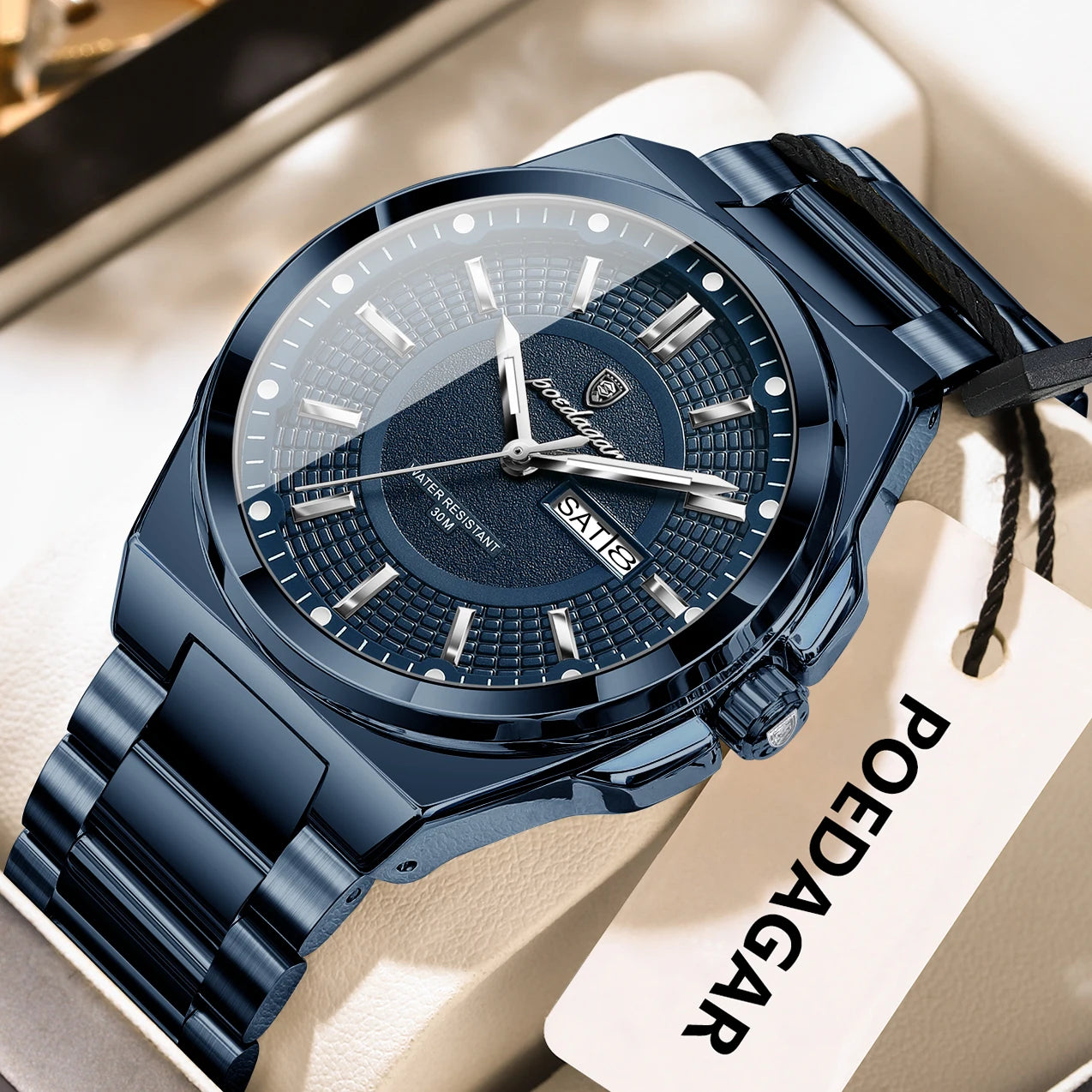 POEDAGAR Sport Original Men Clock Quartz Date Week Luxury Man Wristwatch Waterproof Luminous Stainless Steel Men's Watches Reloj
