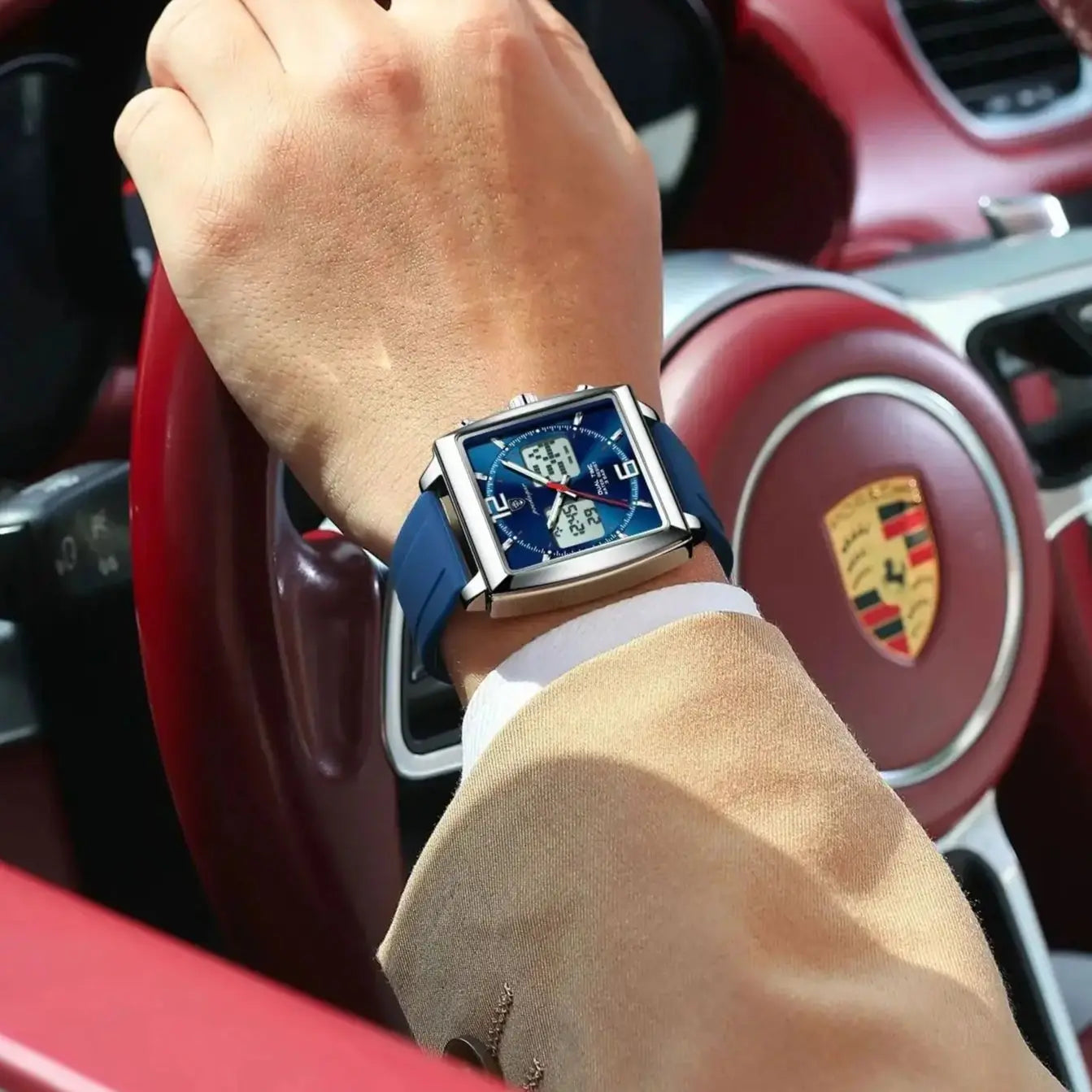 POEDAGAR Luxury Top Man Watch Electronic Square LED Alarm Chronograph Men's Watches Week Date Dual Time Display Men Quartz Clock