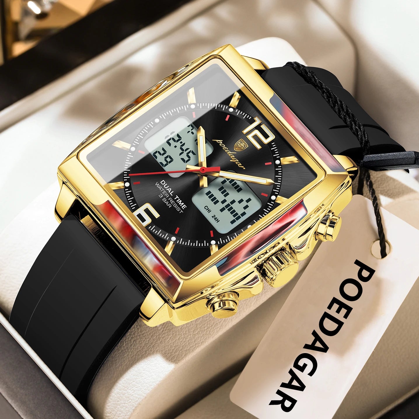 POEDAGAR Luxury Top Man Watch Electronic Square LED Alarm Chronograph Men's Watches Week Date Dual Time Display Men Quartz Clock