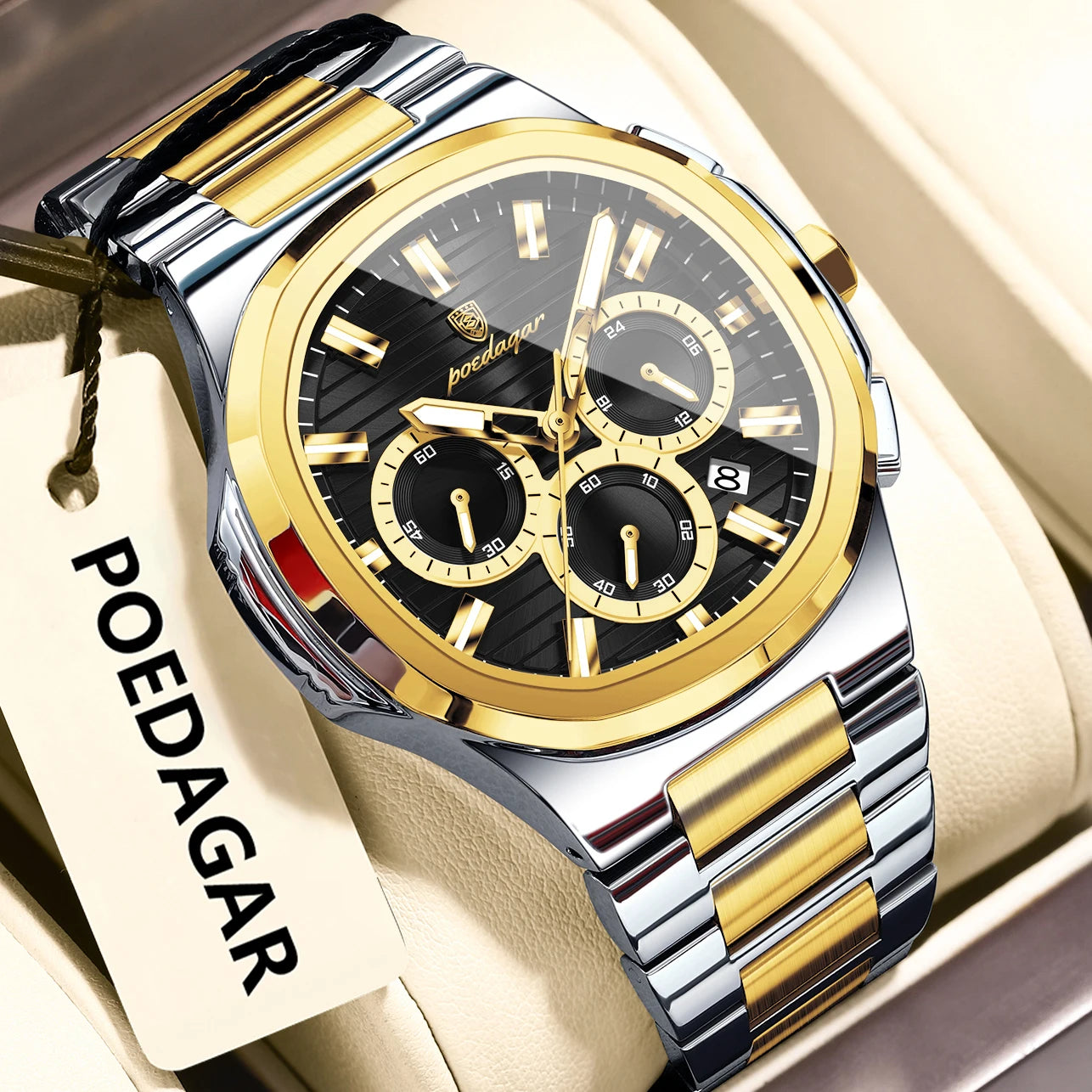 POEDAGAR Business Man Wristwatch Date Chronograph Waterproof Luminous Luxury Men Watch Stainless Steel Quartz Men's Watches Male