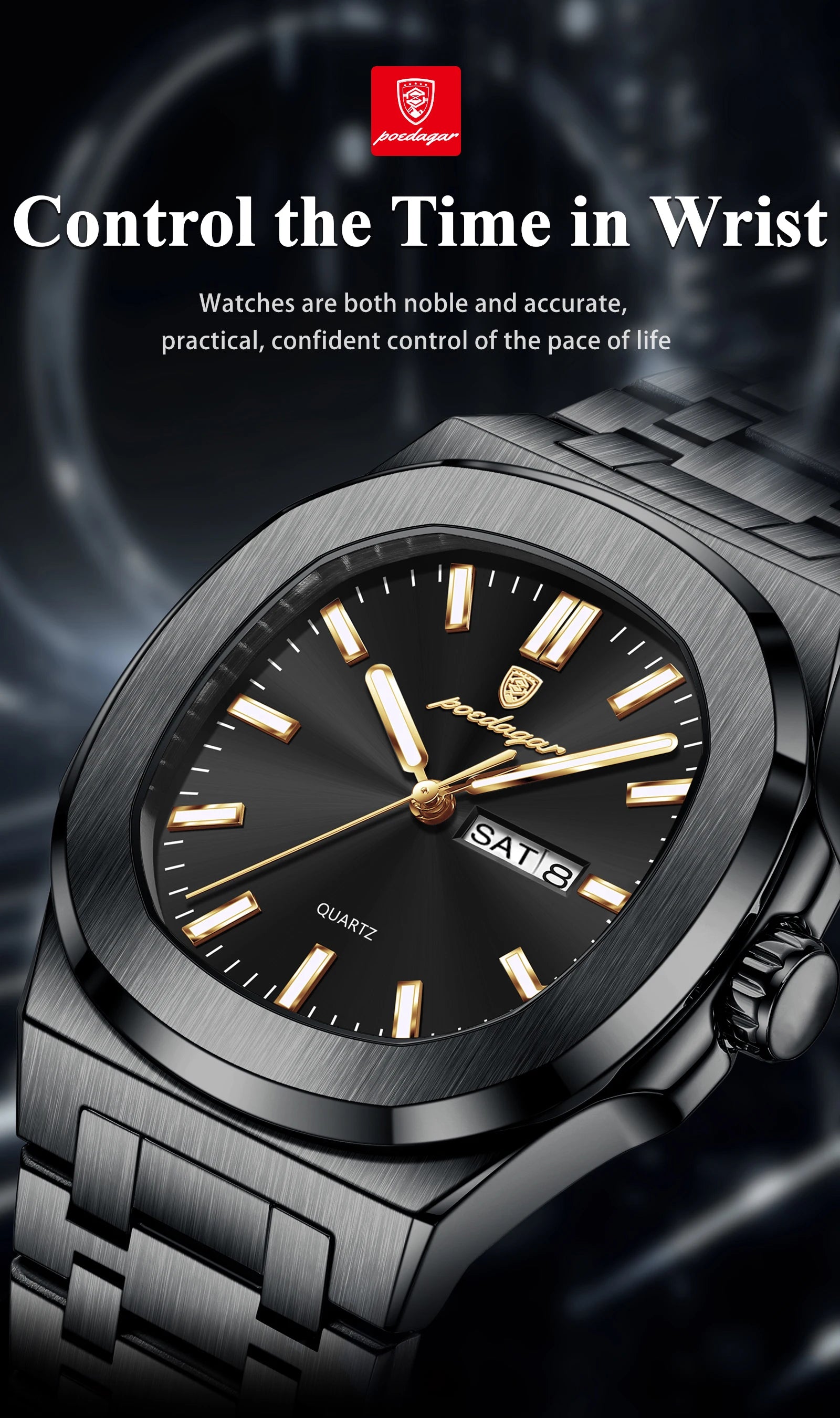 POEDAGAR Luxury Square Men's Watches Waterproof Luminous Date Week Men Watch Stainless Steel Fashion Quartz Man Wristwatch Reloj