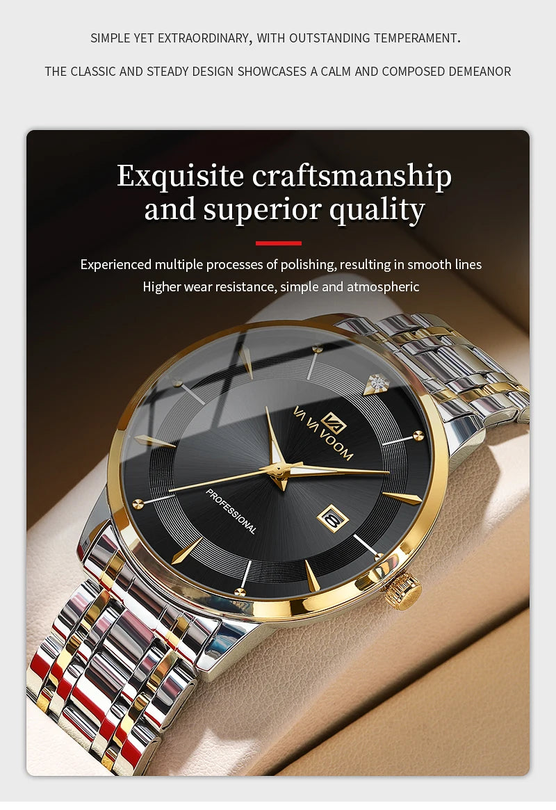 2024 New Men Watch Stainless Steel Business Style Luxury Rhinestone 43mm Blue Gold Quartz Movement Wristwatch Relogios Masculino