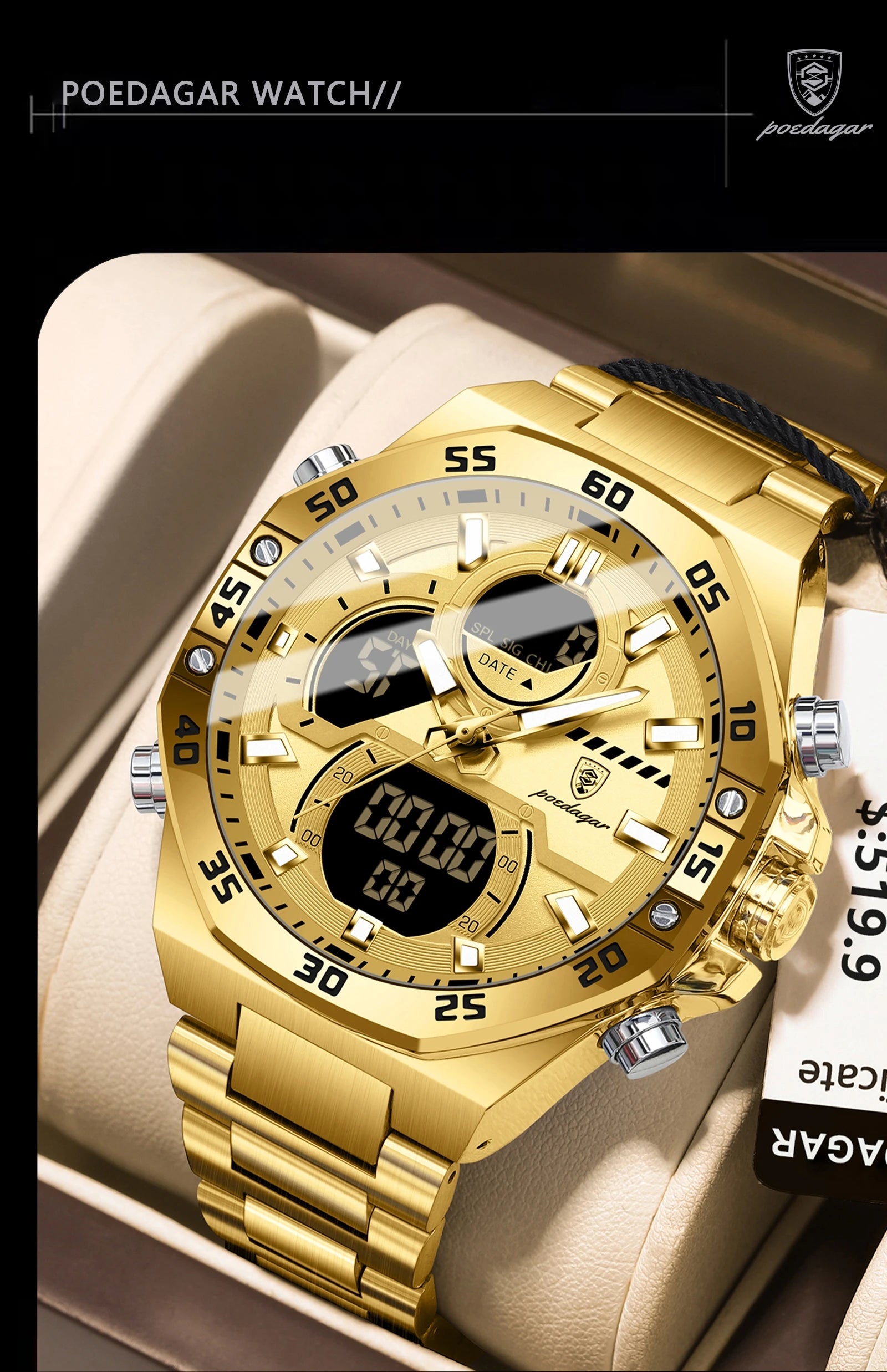 POEDAGAR New Men Clock LED Luminous Waterproof Week Date Military Man Wristwatch Electronic Stainless Steel Quartz Men's Watches