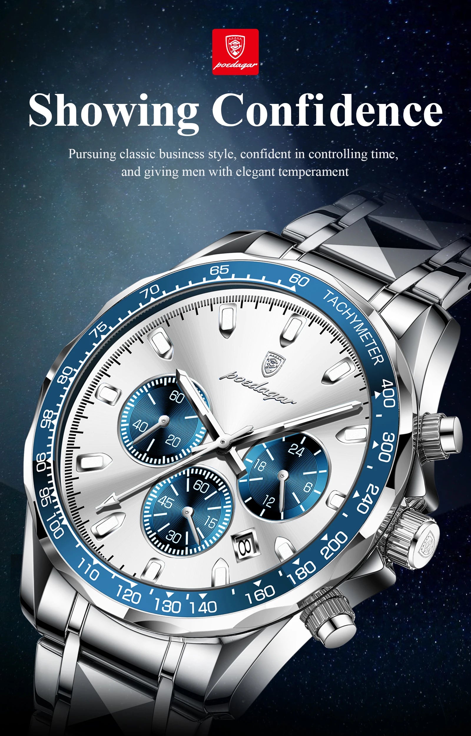 POEDAGAR Luxury Brand Men Watch Waterproof Luminous Stainless Steel Men's Watches Chronograph Date Quartz Business Watch For Man