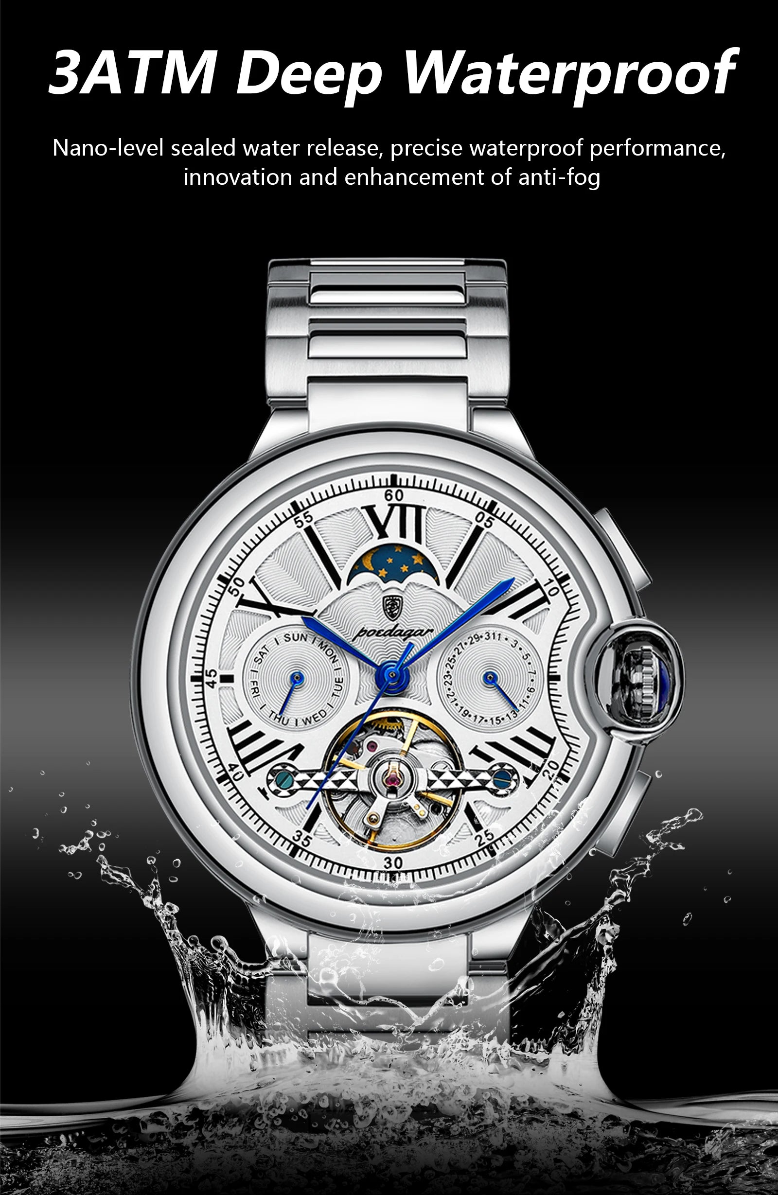 POEDAGAR Luxury Man Watch Tourbillon Date Week Stainless Steel Men Watch Waterproof Automatic Mechanical Military Men's Watches