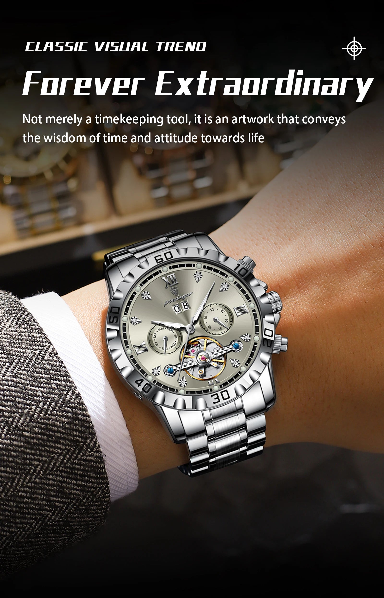 POEDAGAR Top Luxury Men Watch Automatic Date Week Man Wristwatch Hollow Tourbillon Mechanical Stainless Steel Men's Watches Male