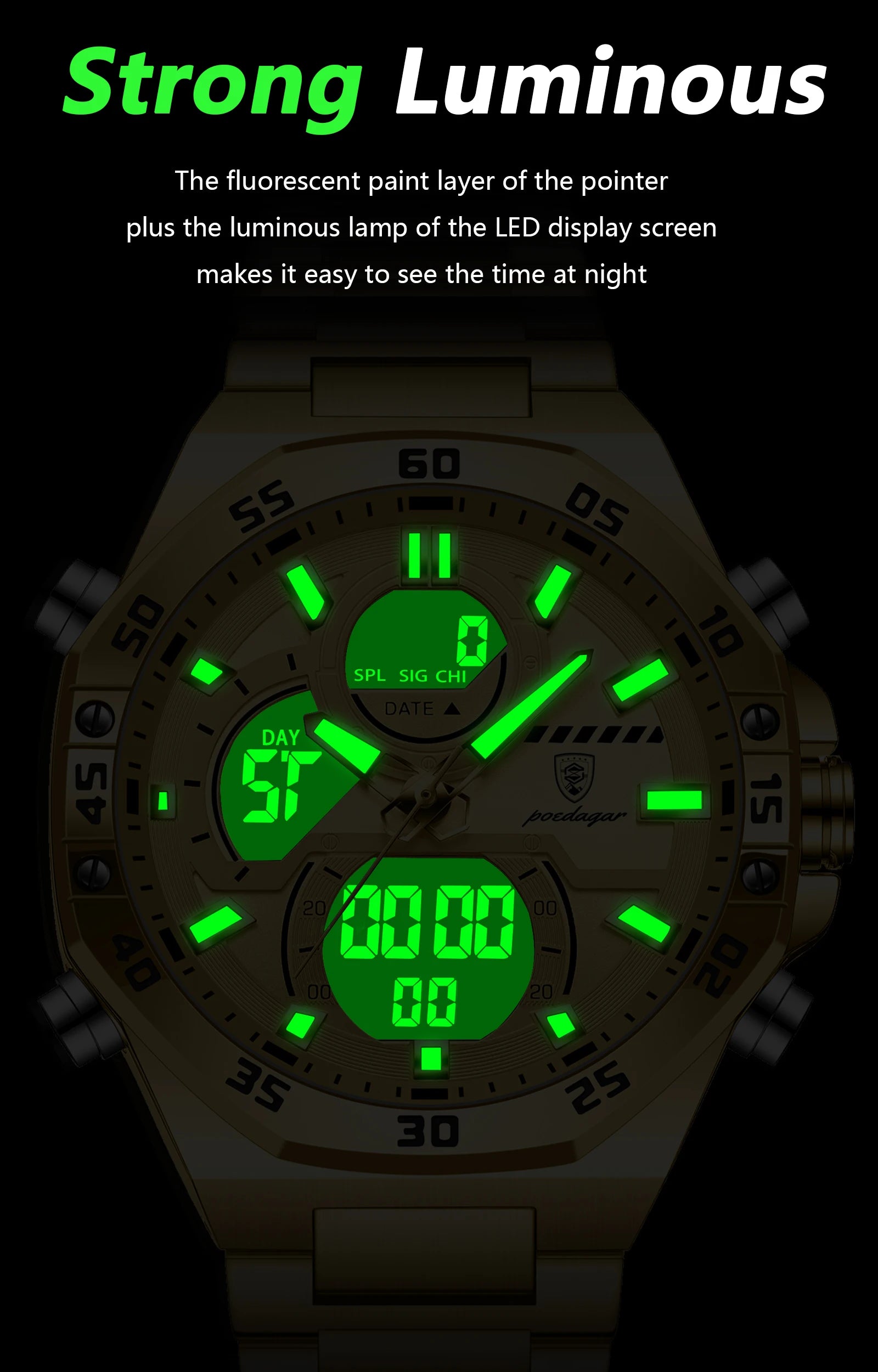 POEDAGAR New Men Clock LED Luminous Waterproof Week Date Military Man Wristwatch Electronic Stainless Steel Quartz Men's Watches