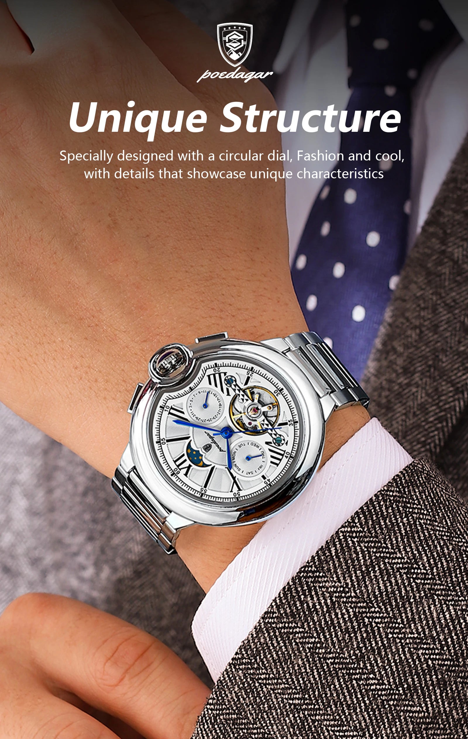 POEDAGAR Luxury Man Watch Tourbillon Date Week Stainless Steel Men Watch Waterproof Automatic Mechanical Military Men's Watches