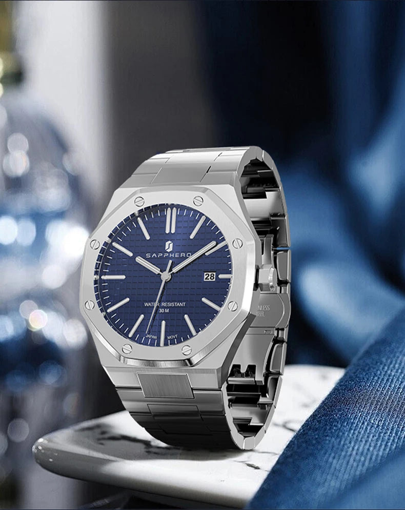 SAPPHERO Men's Watch, Stainless Steel Strap, Water-Resistant Design, Automatic Calendar, Festive Gifts, Exquisite Gift Box Clock