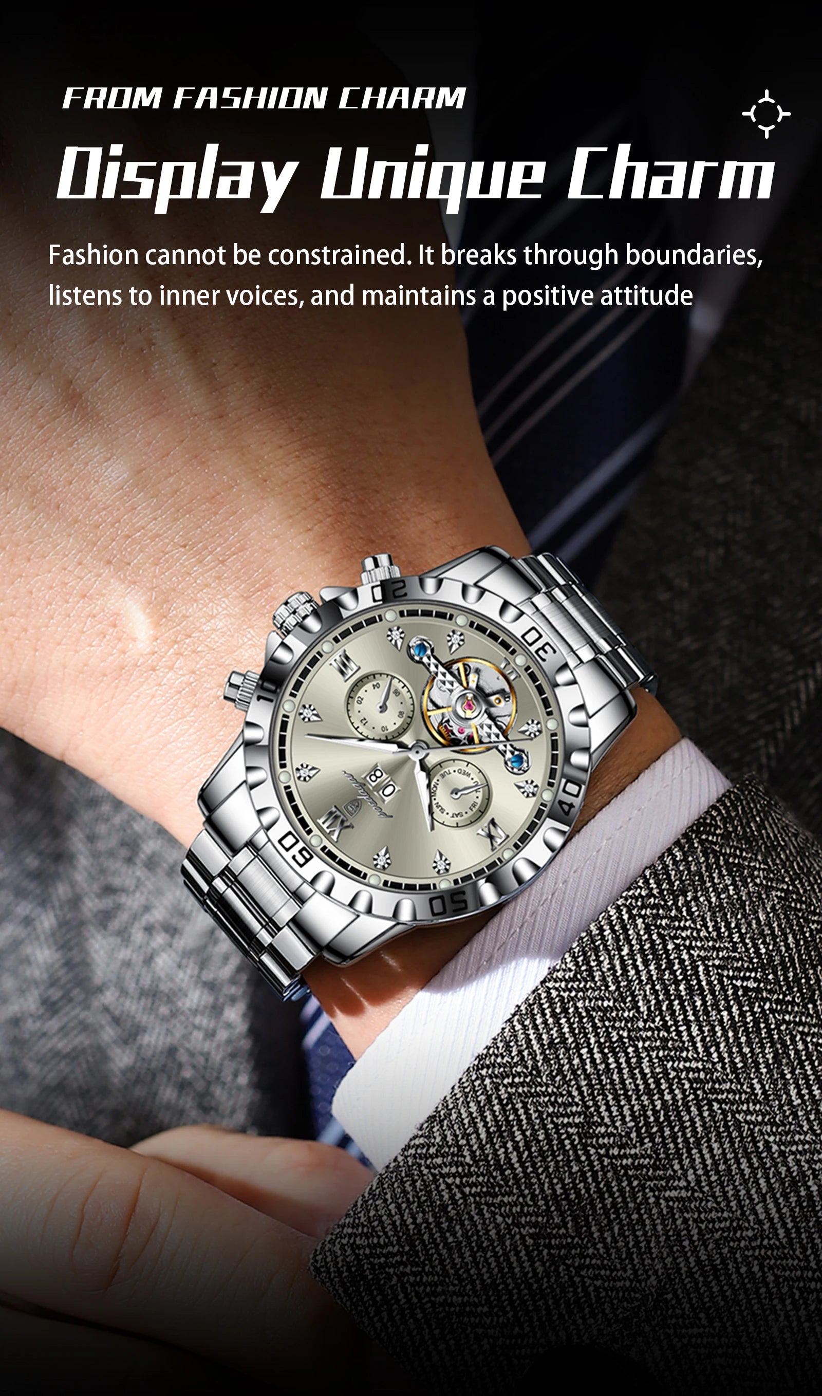 POEDAGAR Top Luxury Men Watch Automatic Date Week Man Wristwatch Hollow Tourbillon Mechanical Stainless Steel Men's Watches Male