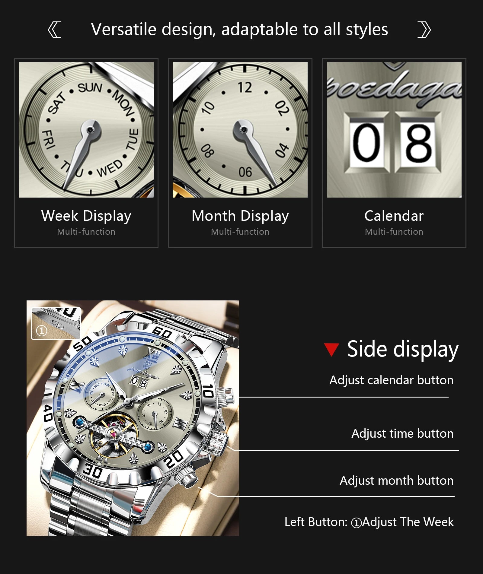 POEDAGAR Top Luxury Men Watch Automatic Date Week Man Wristwatch Hollow Tourbillon Mechanical Stainless Steel Men's Watches Male