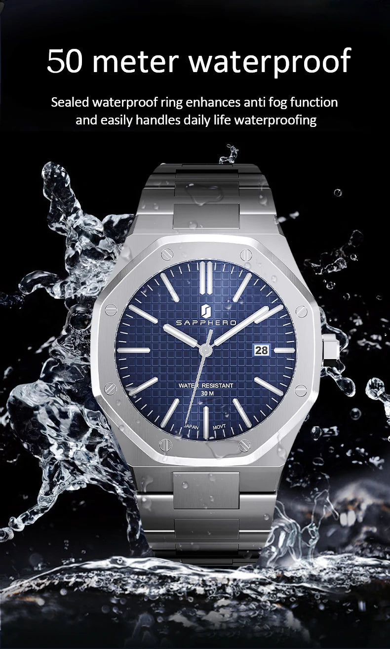 SAPPHERO Men's Watch, Stainless Steel Strap, Water-Resistant Design, Automatic Calendar, Festive Gifts, Exquisite Gift Box Clock