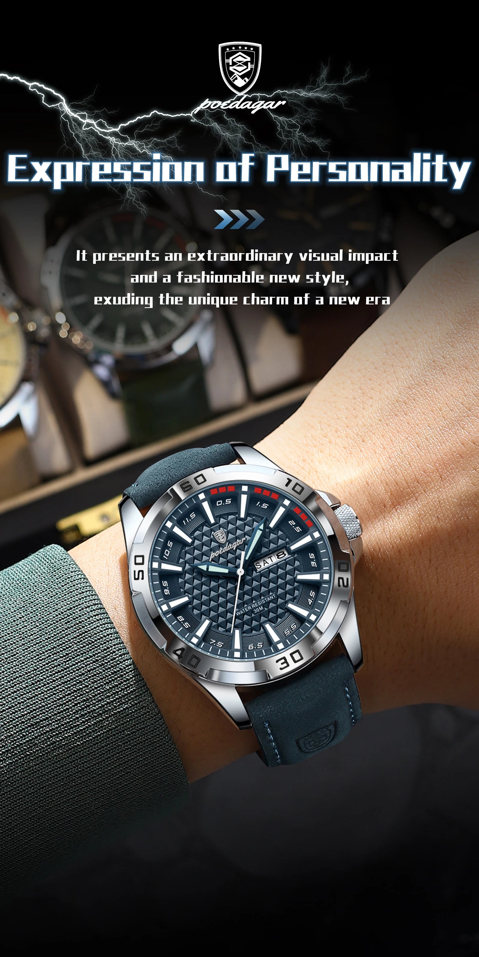 POEDAGAR Original Men Watch Luxury Waterproof Luminous Date Week Watch For Man Quartz Leather Fashion Men's Watches Reloj Hombre