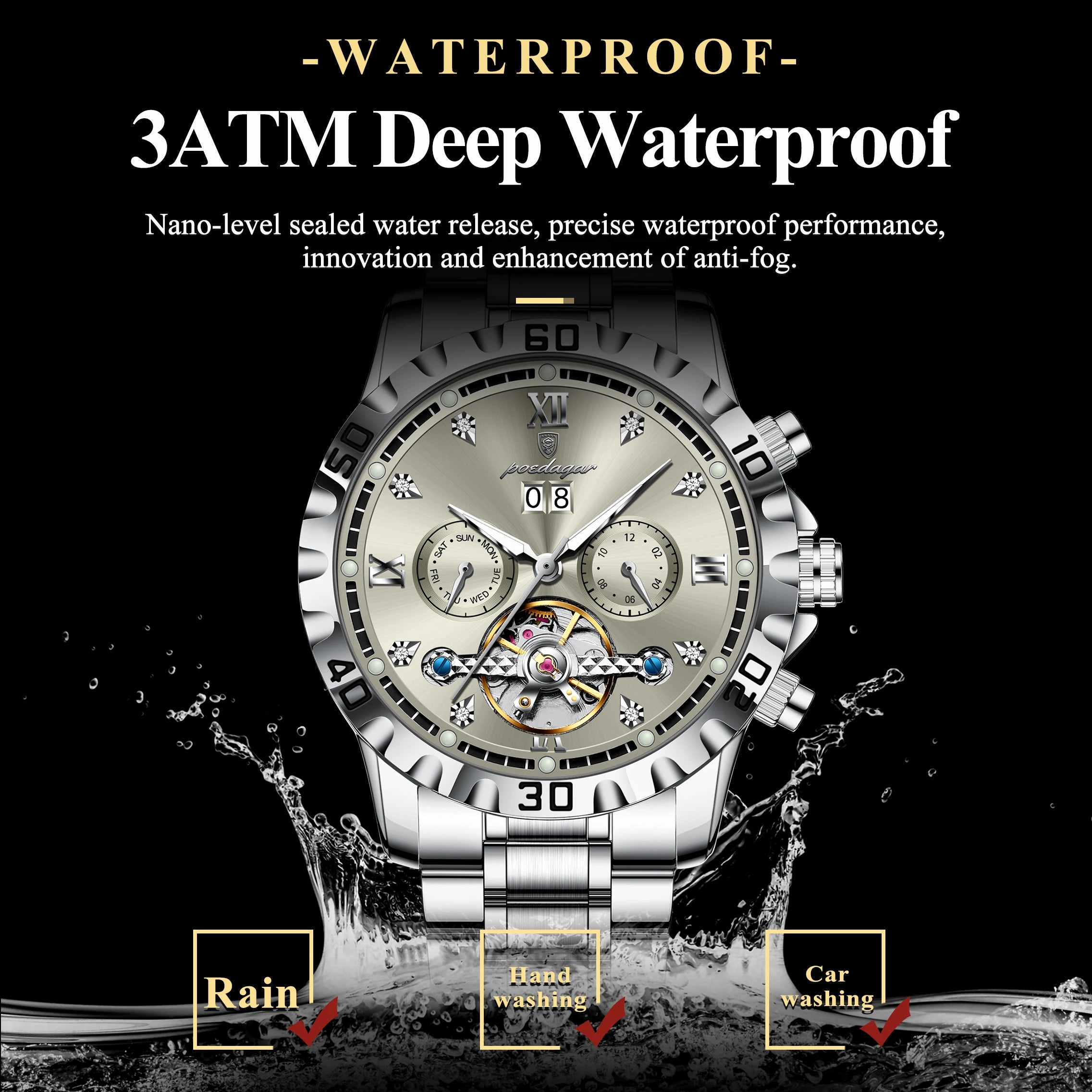 POEDAGAR Top Luxury Men Watch Automatic Date Week Man Wristwatch Hollow Tourbillon Mechanical Stainless Steel Men's Watches Male