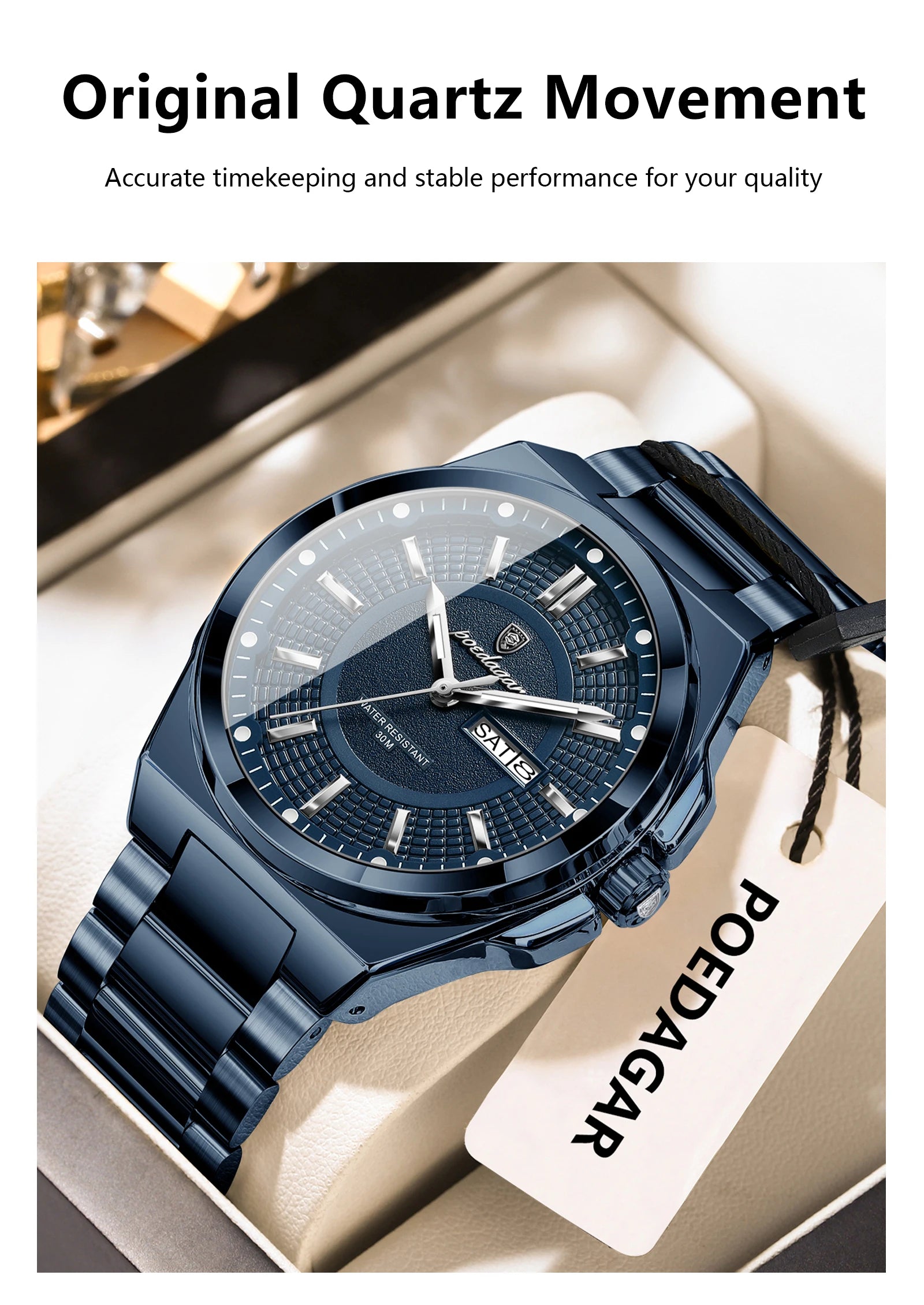 POEDAGAR Sport Original Men Clock Quartz Date Week Luxury Man Wristwatch Waterproof Luminous Stainless Steel Men's Watches Reloj