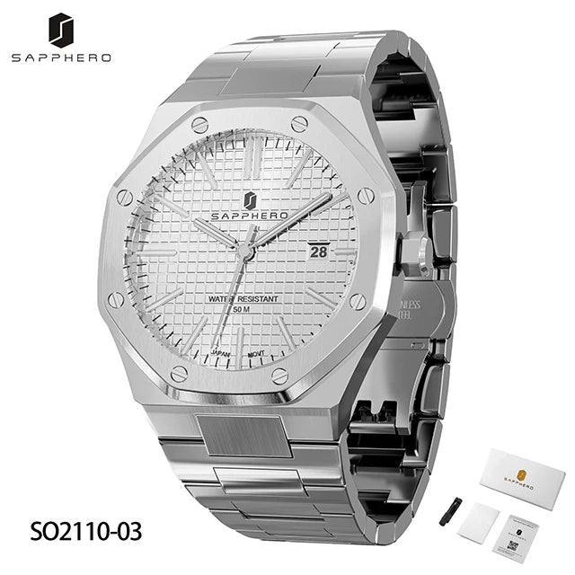 SAPPHERO Men's Watch, Stainless Steel Strap, Water-Resistant Design, Automatic Calendar, Festive Gifts, Exquisite Gift Box Clock