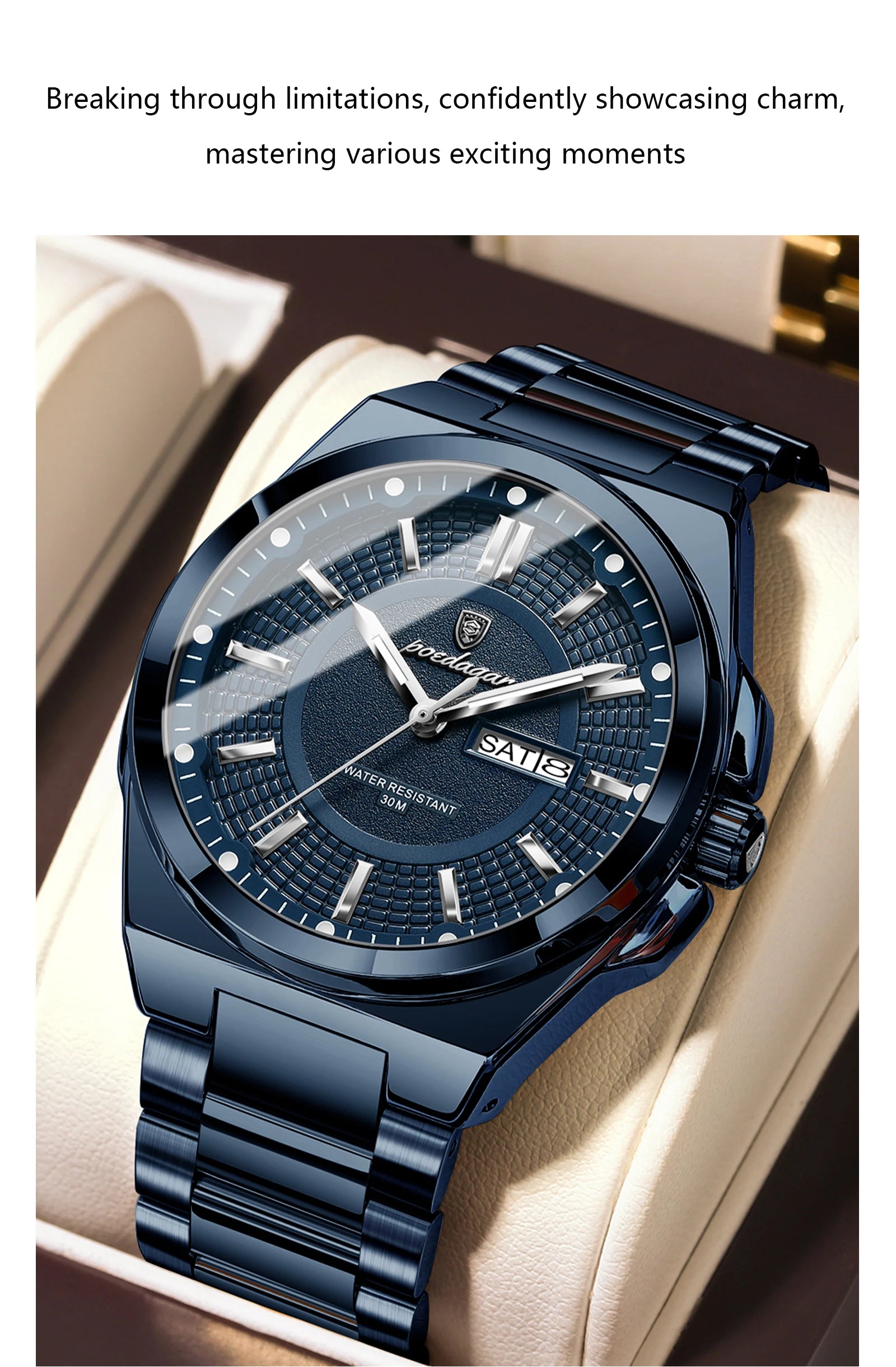 POEDAGAR Sport Original Men Clock Quartz Date Week Luxury Man Wristwatch Waterproof Luminous Stainless Steel Men's Watches Reloj