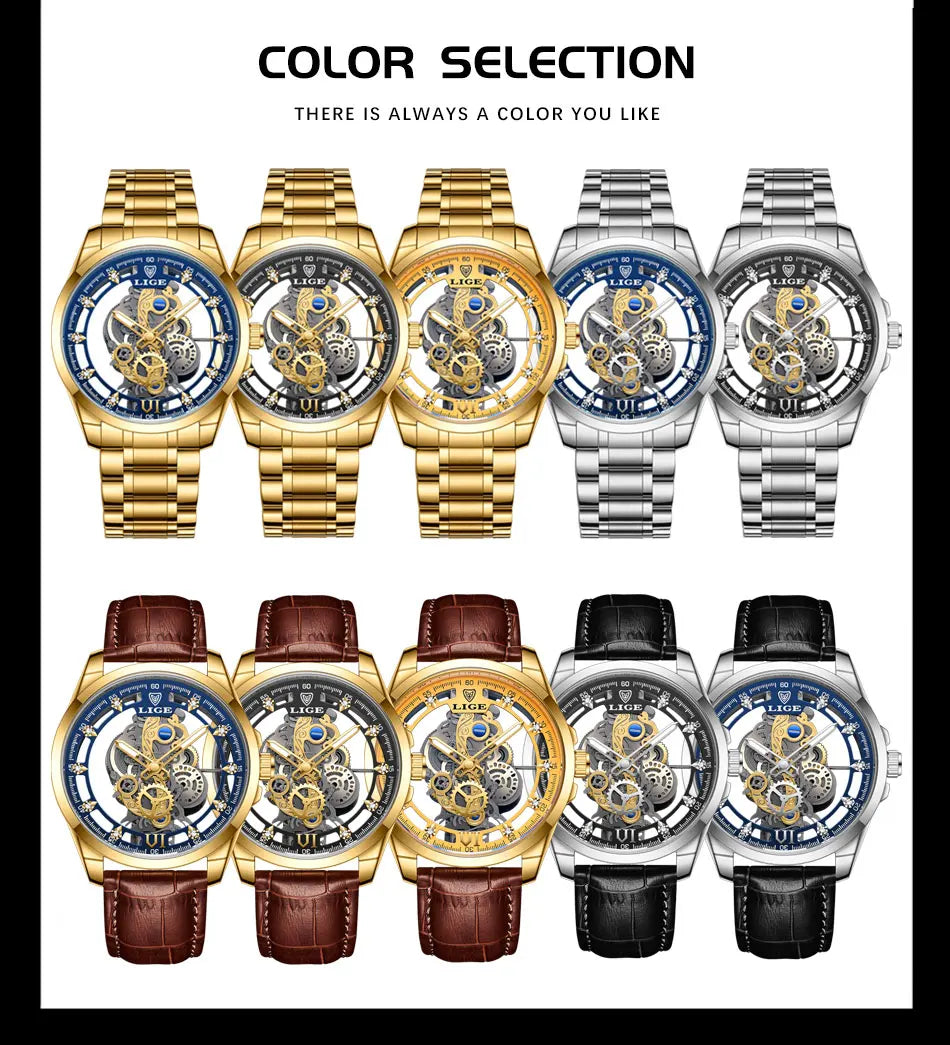 2026 LIGE Men Watch Skeleton Automatic Quartz Watch Gold Skeleton Vintage Man Watch Mens Watches Top Brand Luxury часы мужские